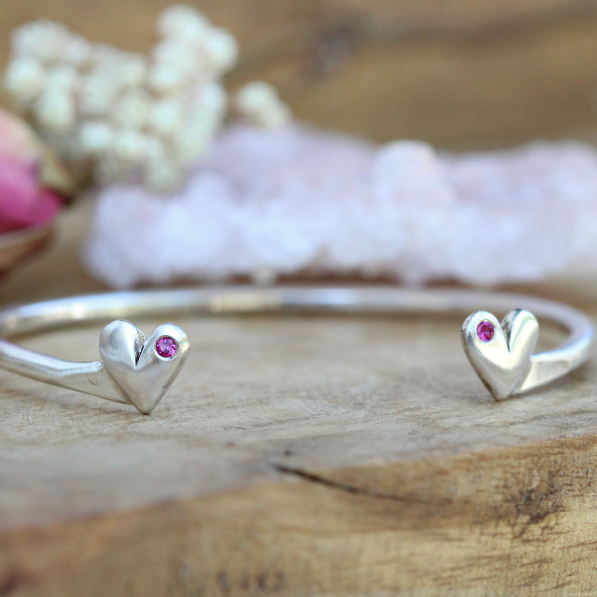 Mi Amor - Birthstone Heart Sterling Silver Stacking Cuff Bracelet