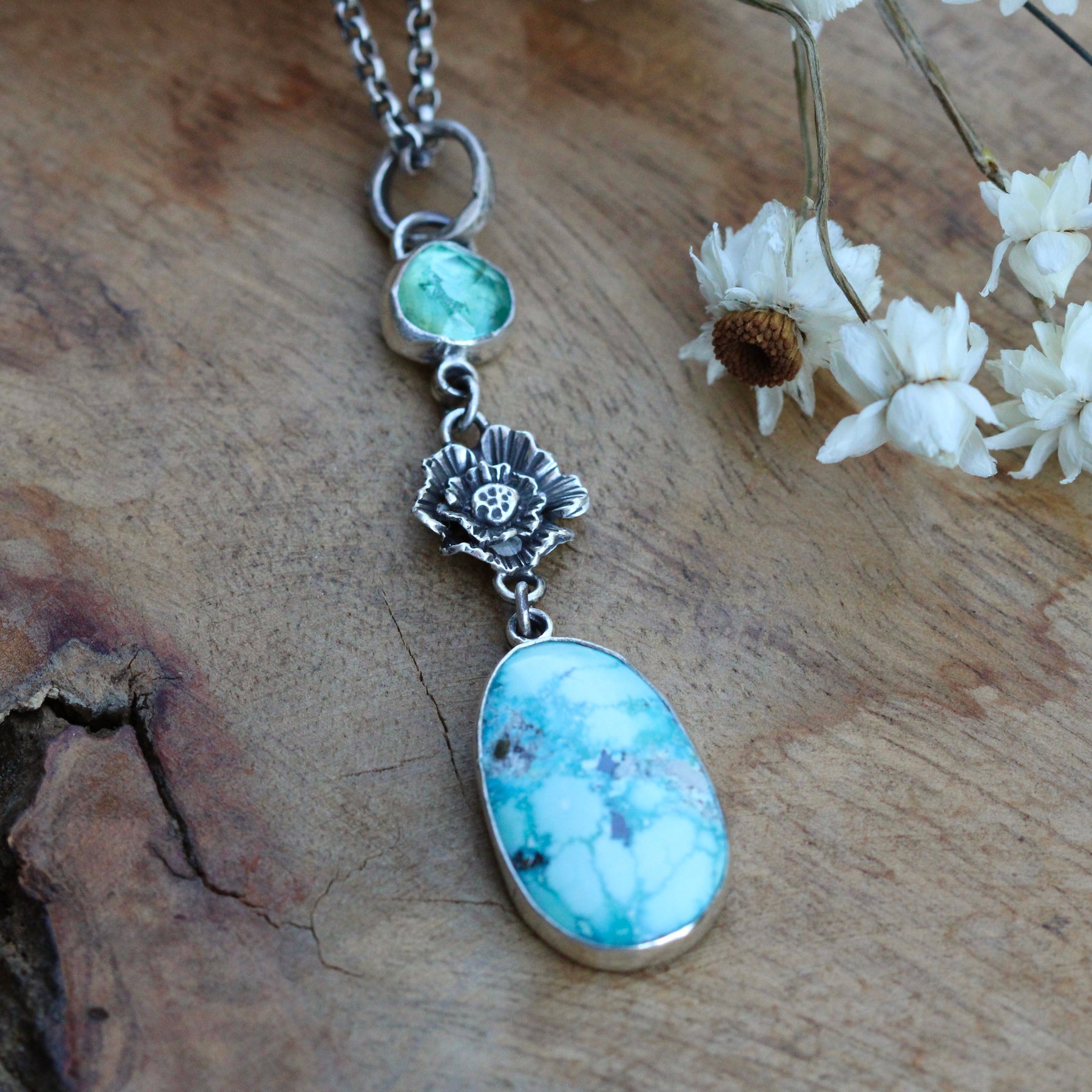Wildflower Wanderings Turquoise apatite and poppy sterling silver necklace