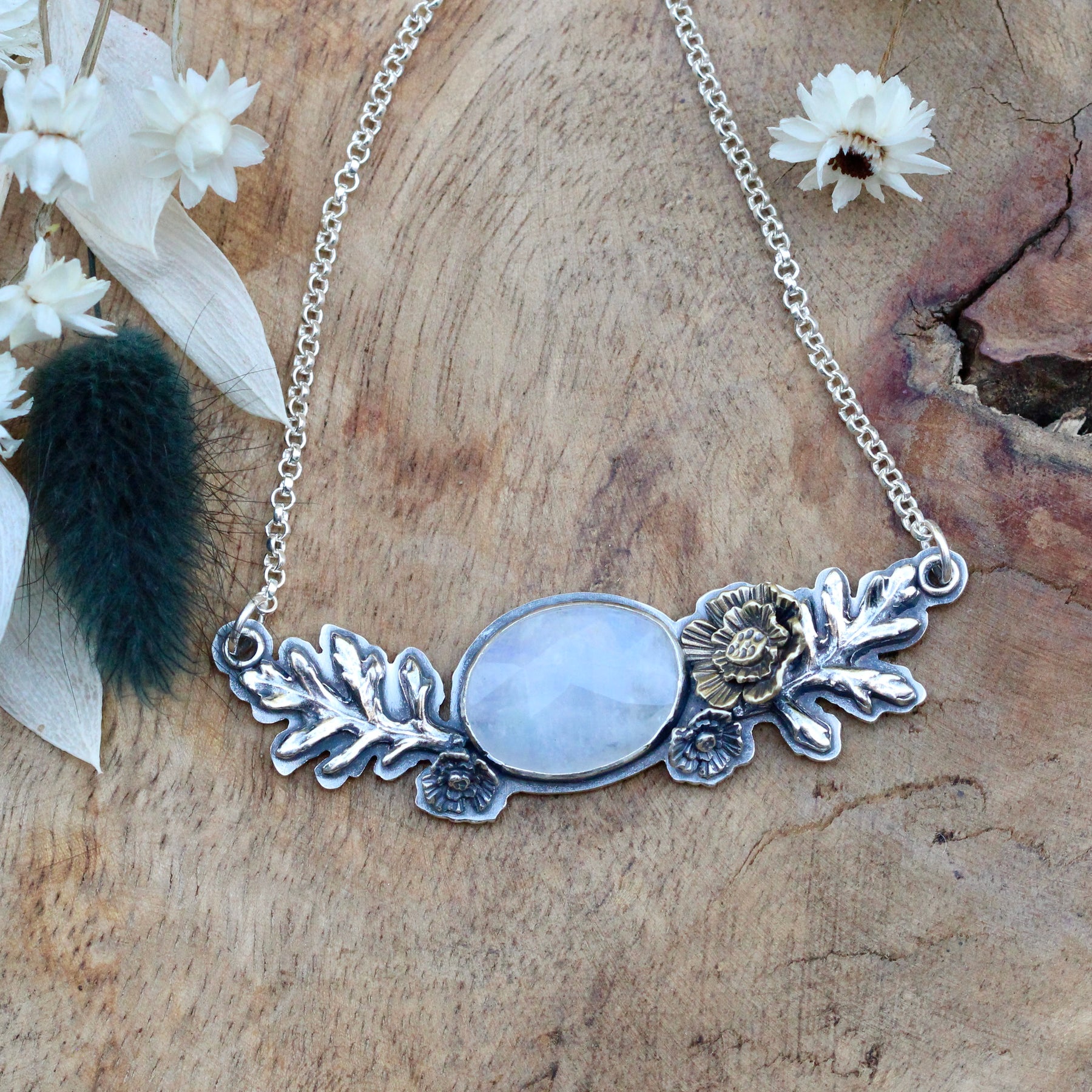 Wildflower wanderings Moonstone and poppies necklace