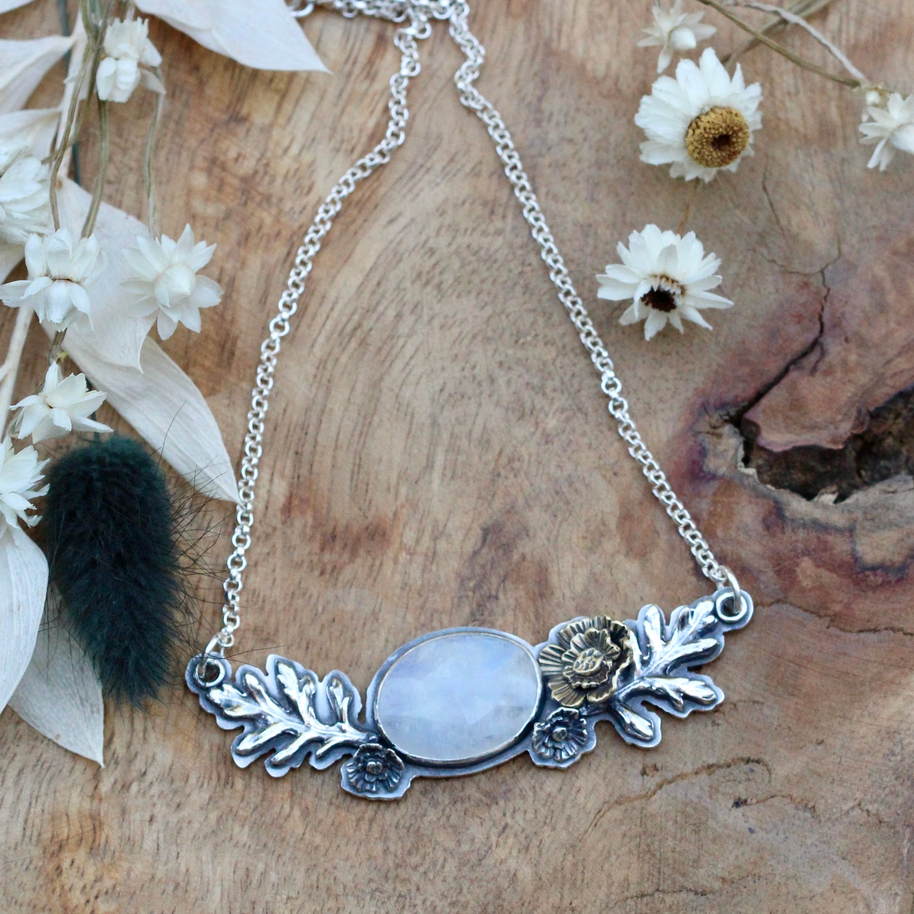 Wildflower wanderings Moonstone and poppies necklace