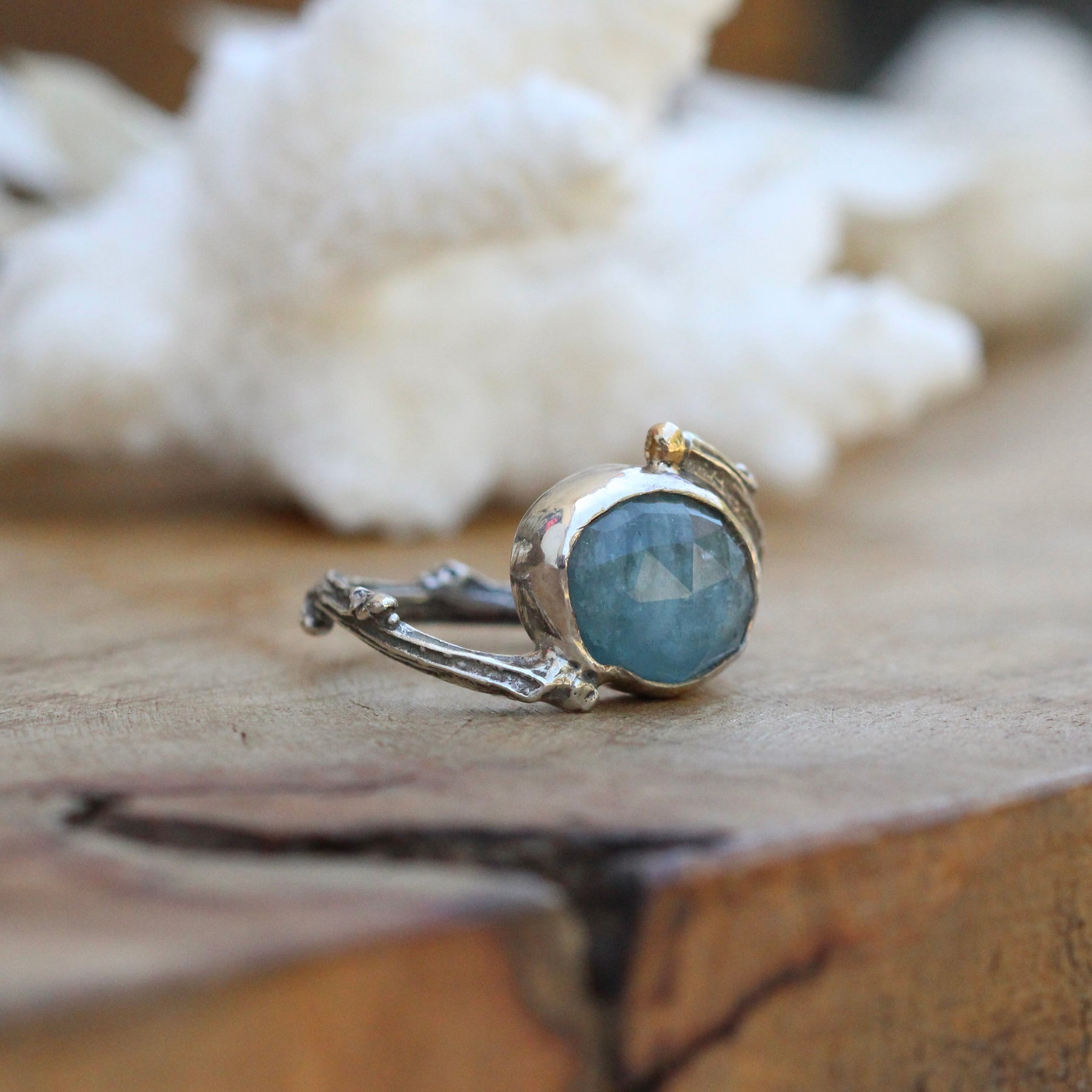 Clearance Sale    Aquamarine and sterling silver branch ring with 14k gold accent