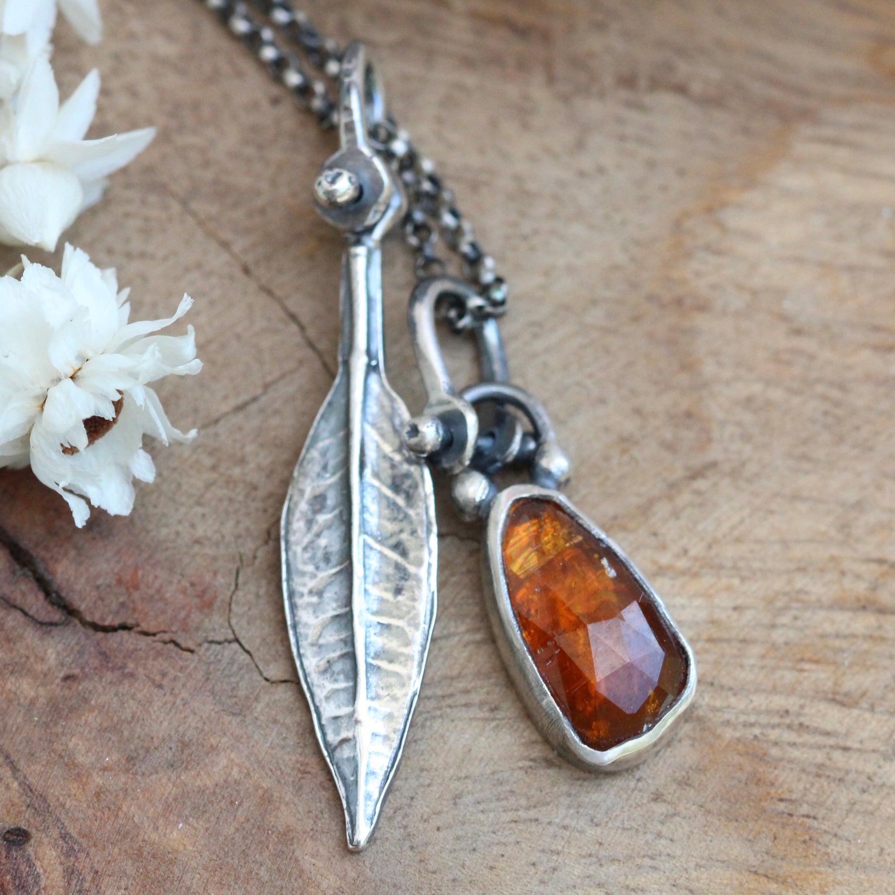Wildflower Wanderings Kyanite and orange leaf sterling necklace