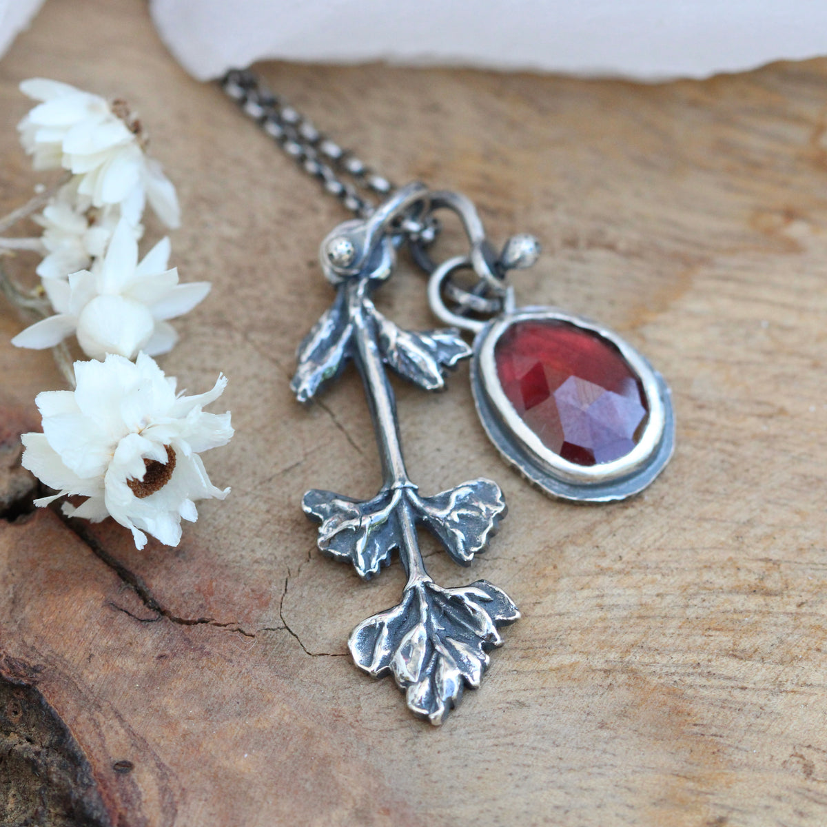 Clearance Sale Wildflower Wanderings Garnet and Lupine sterling necklace