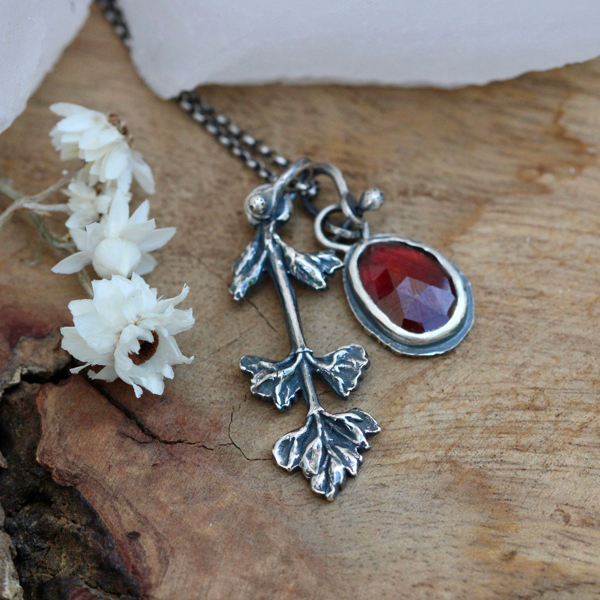 Clearance Sale Wildflower Wanderings Garnet and Lupine sterling necklace