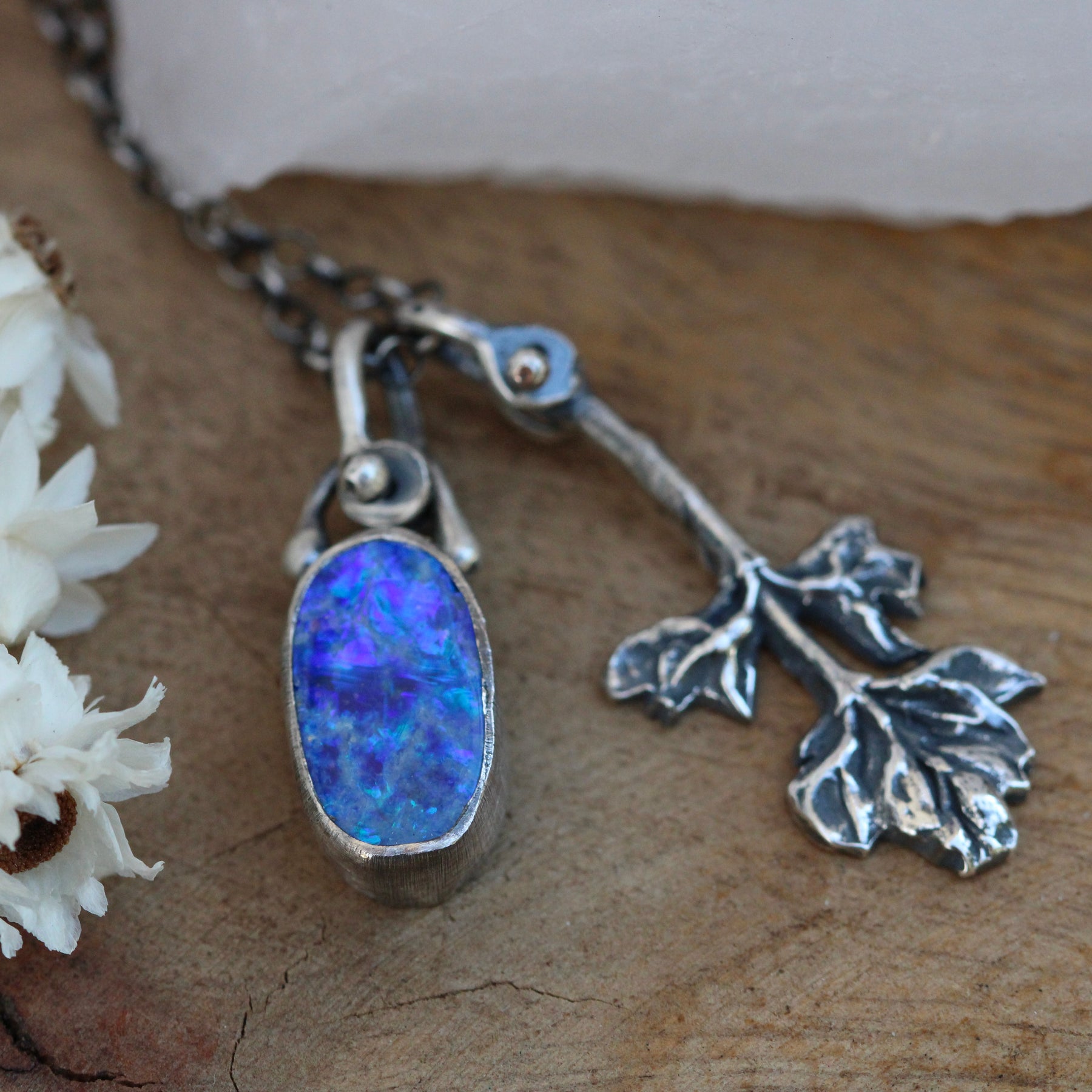 Boulder Opal and sterling silver lupine blossom necklace Wildflower Wanderings