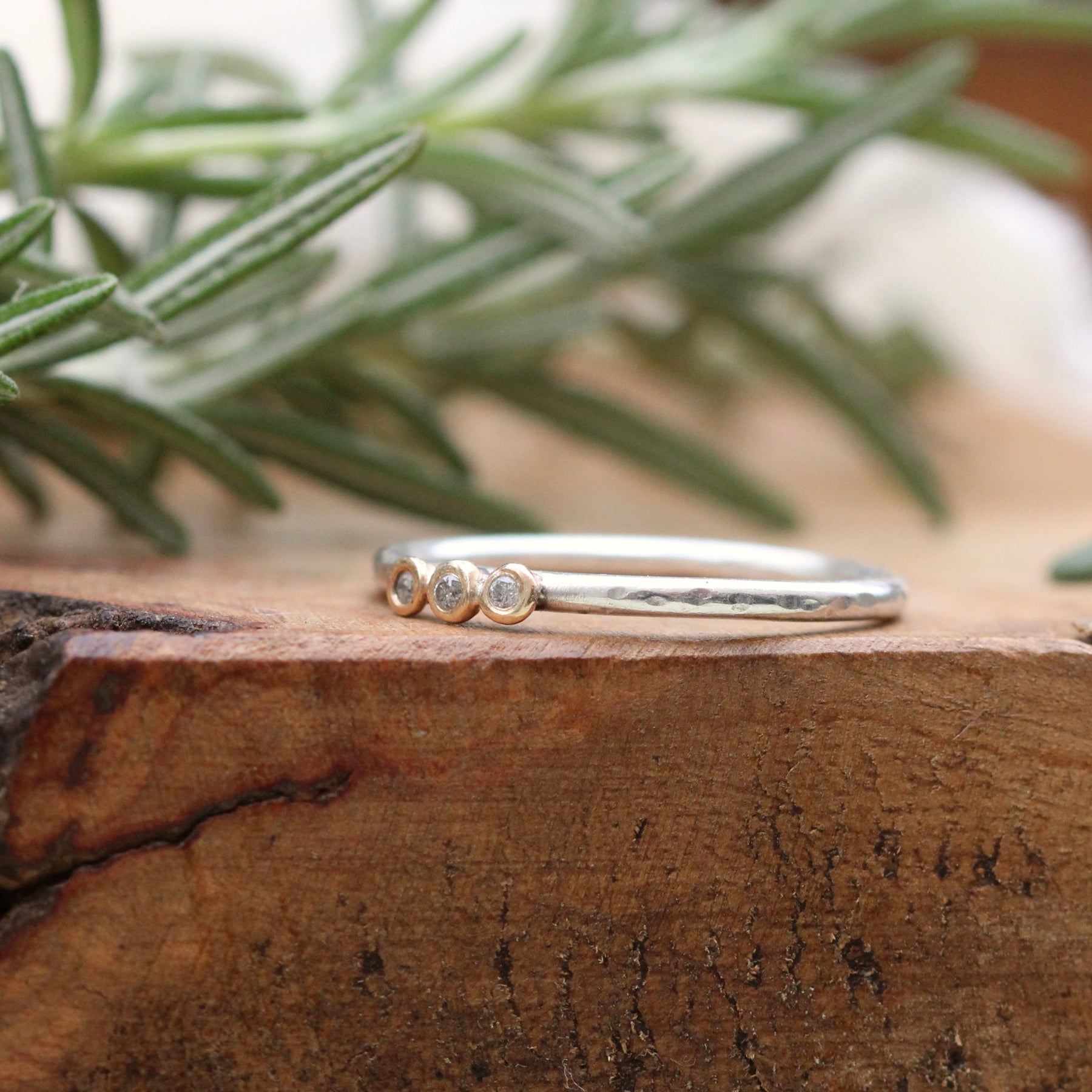 Mixed metal three Diamond and 14k gold sterling silver stacking ring