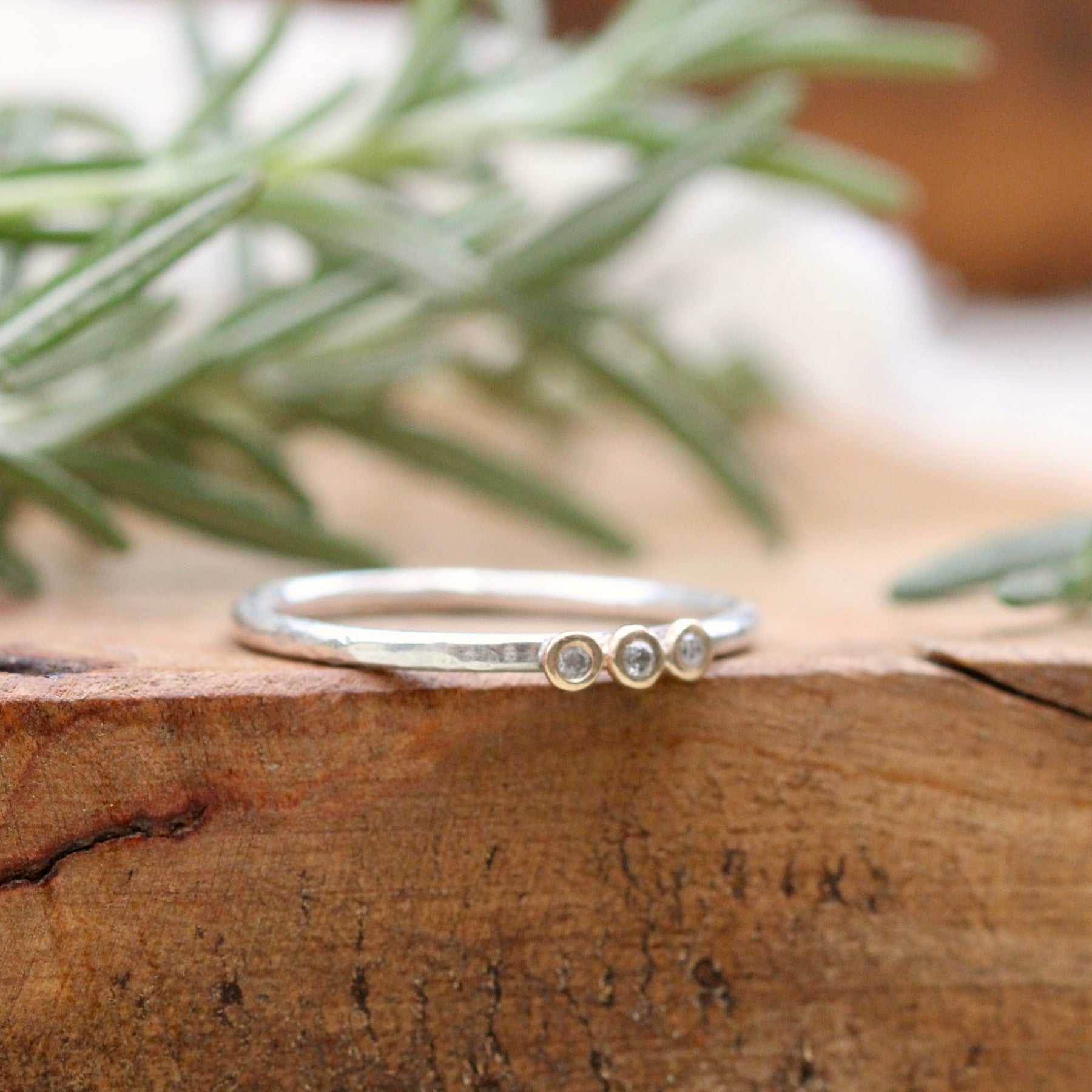 Mixed metal three Diamond and 14k gold sterling silver stacking ring