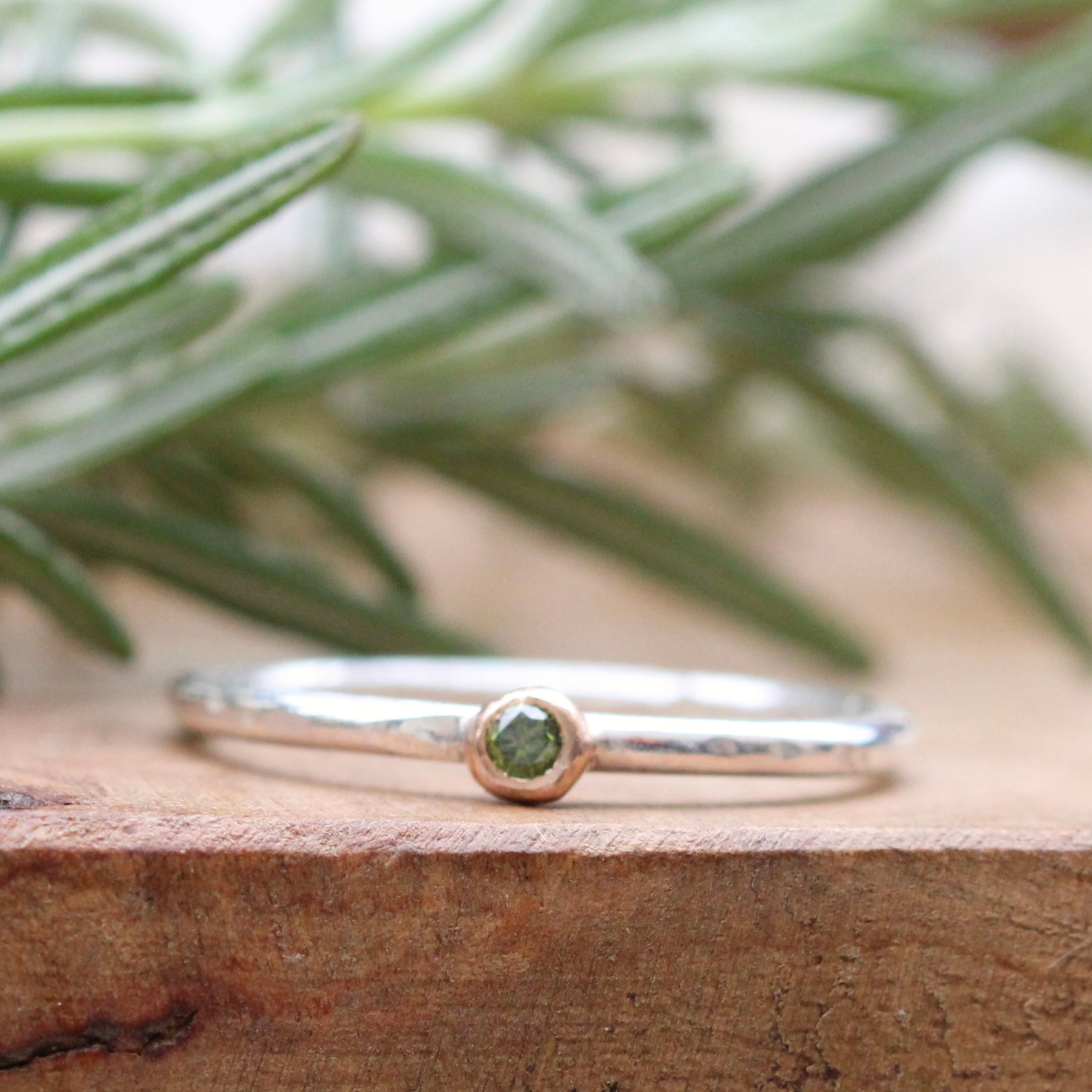 mixed metal gold and sterling silver Green Diamond stacking ring