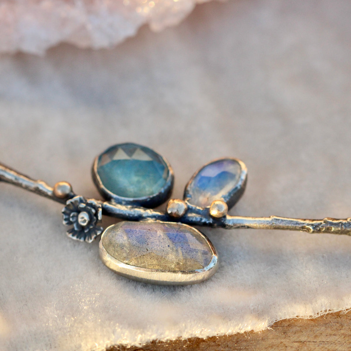 Poppy and Twig Aquamarine, Labradorite, Moonstone Silver Necklace