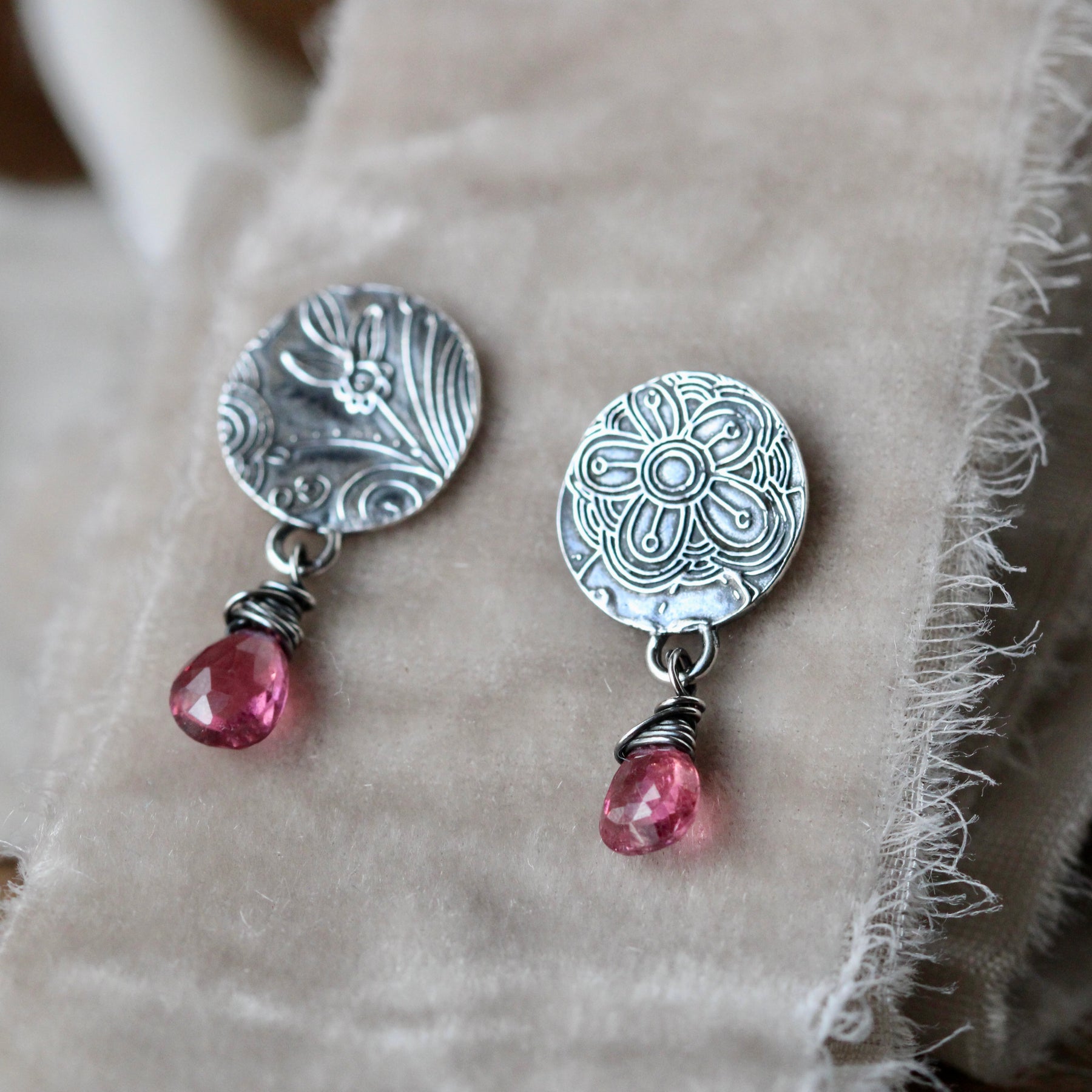 Pink Tourmaline and sterling silver Midnight Garden post earrings