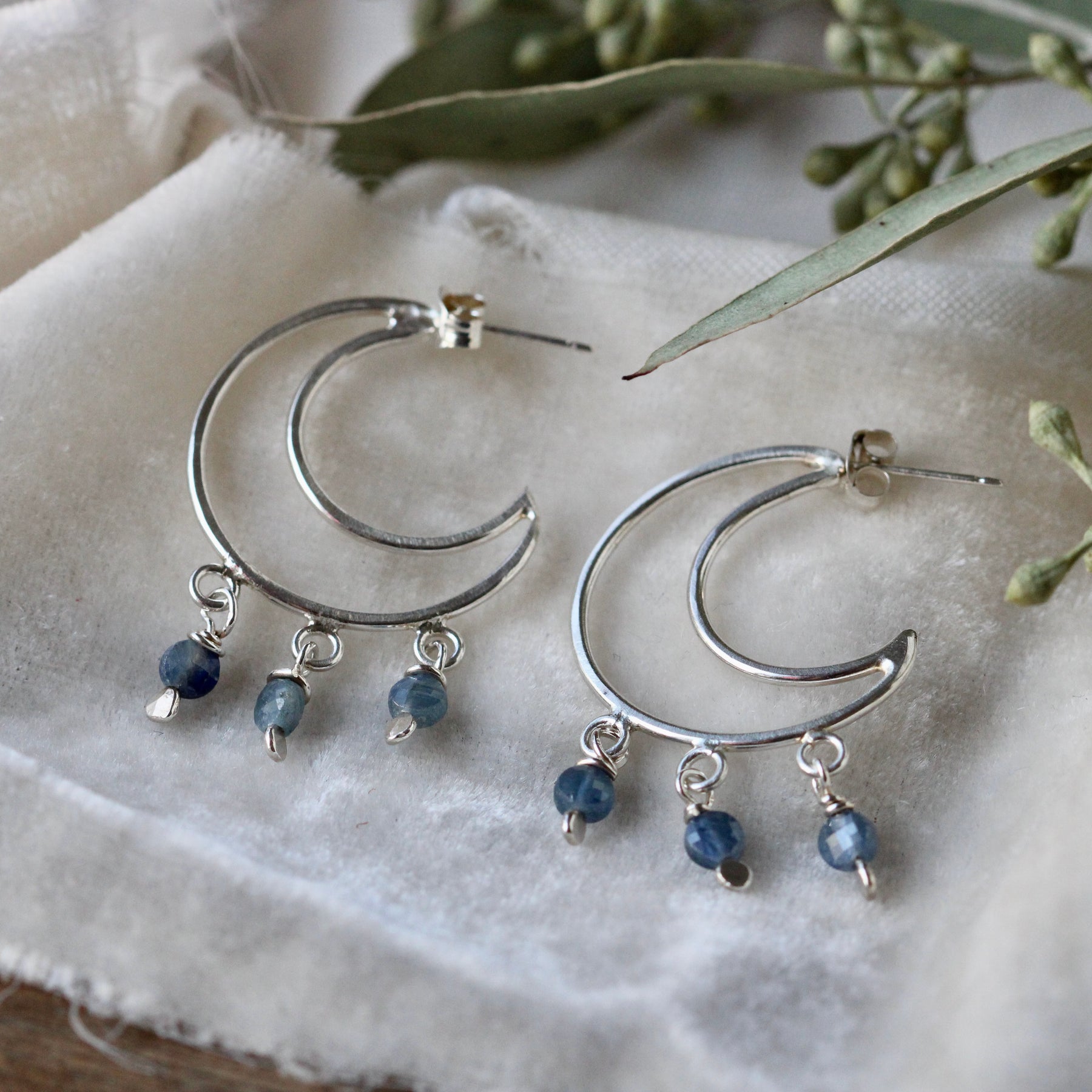 Crescent Moon sterling silver and Sapphire earrings