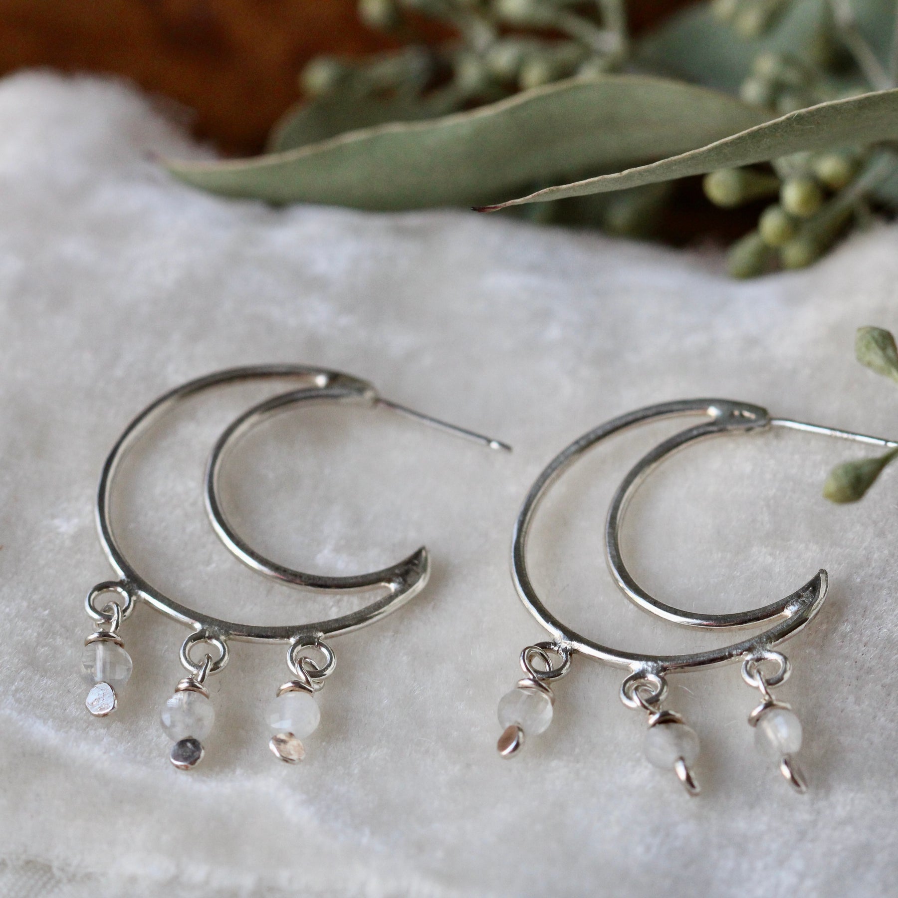 Crescent Moon sterling silver and Moonstone earrings