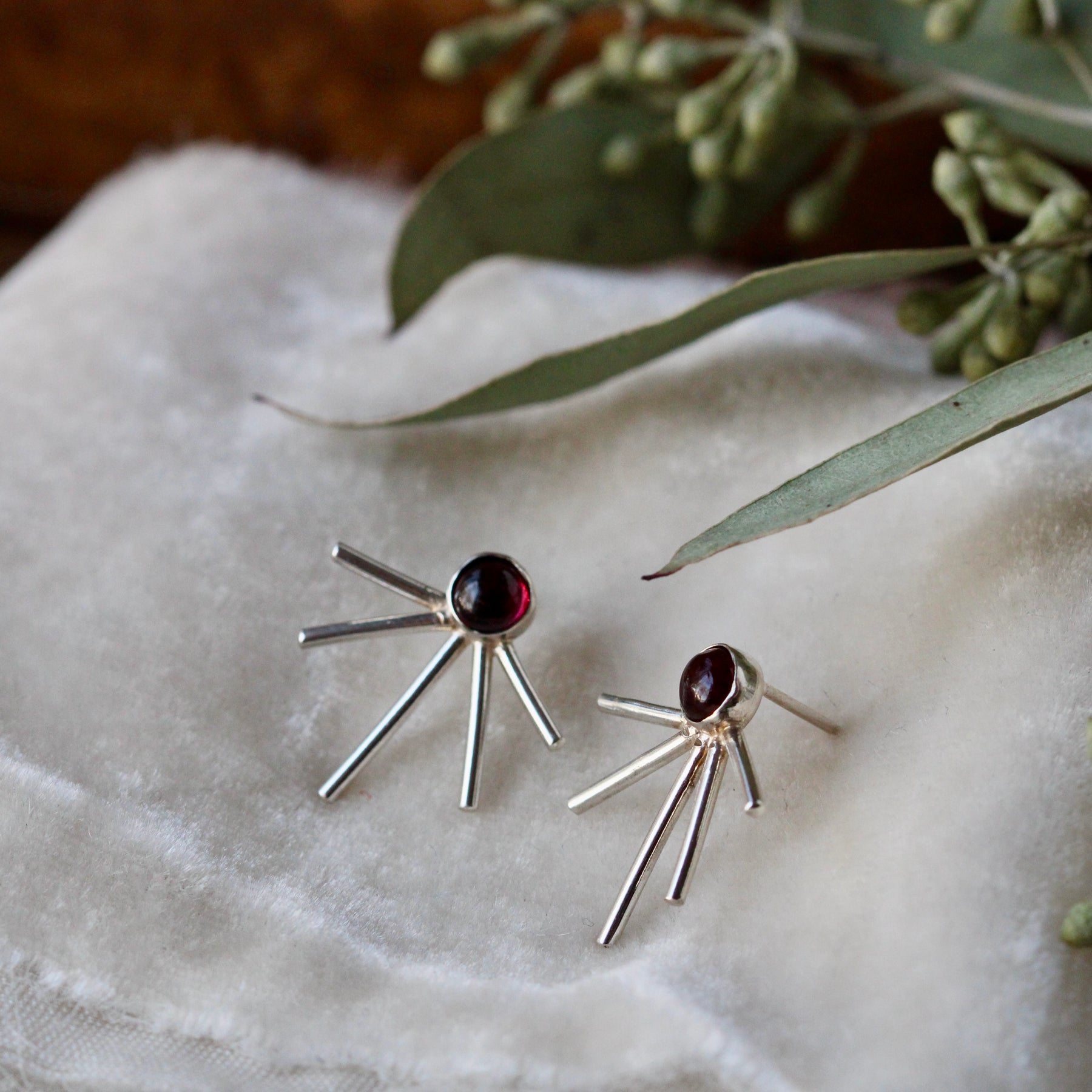 Starburst earrings Garnet and sterling silver