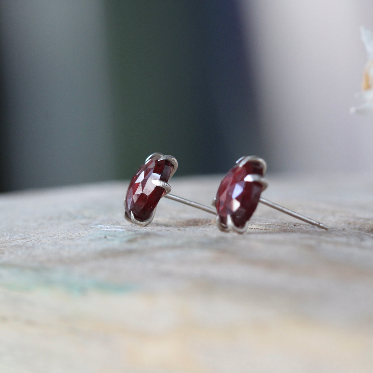 Prong set Garnet stud earrings sterling silver