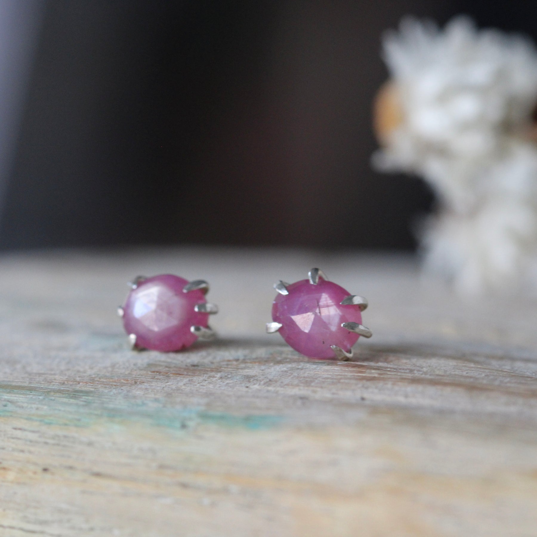 Prong set silky Ruby stud earrings sterling silver
