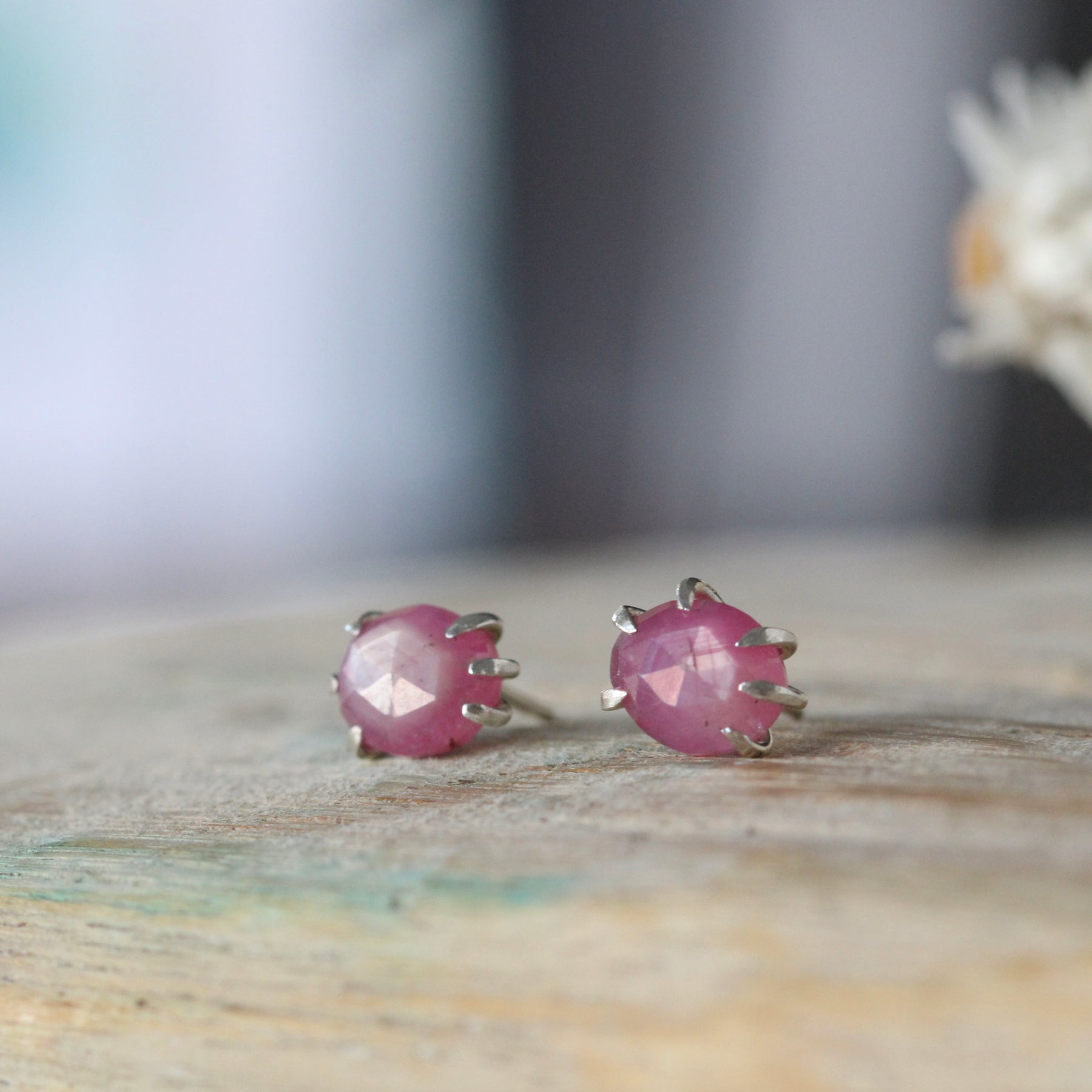 Prong set silky Ruby stud earrings sterling silver