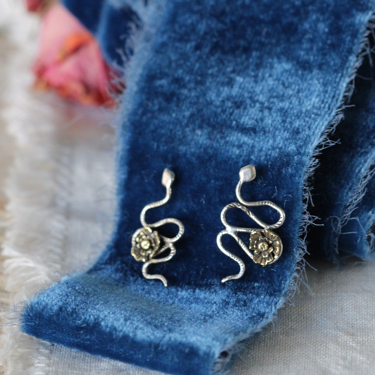 Sterling Silver Snake stud earrings with poppies
