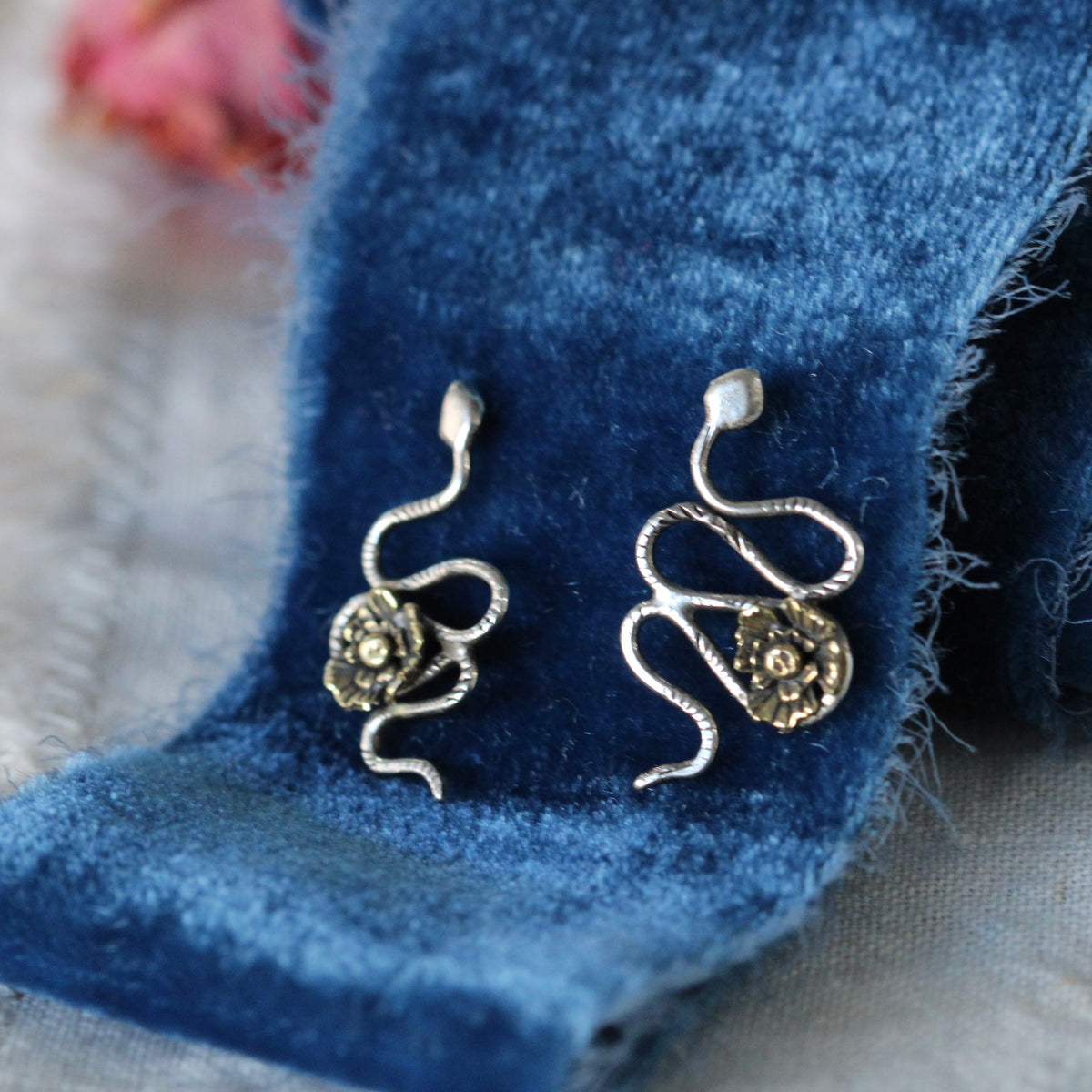 Sterling Silver Snake stud earrings with poppies