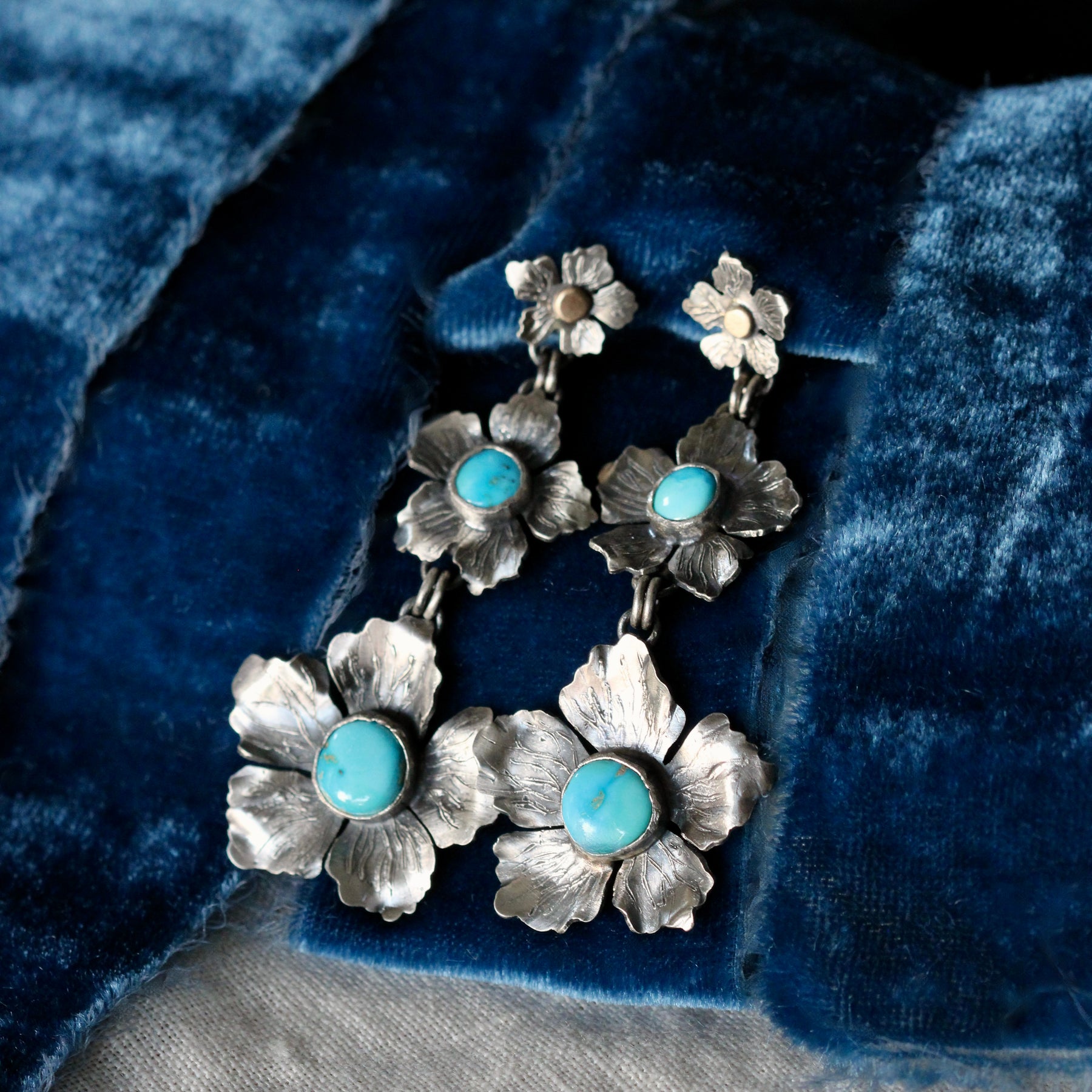 Flower blossom and turquoise sterling silver and 14k gold statement earrings