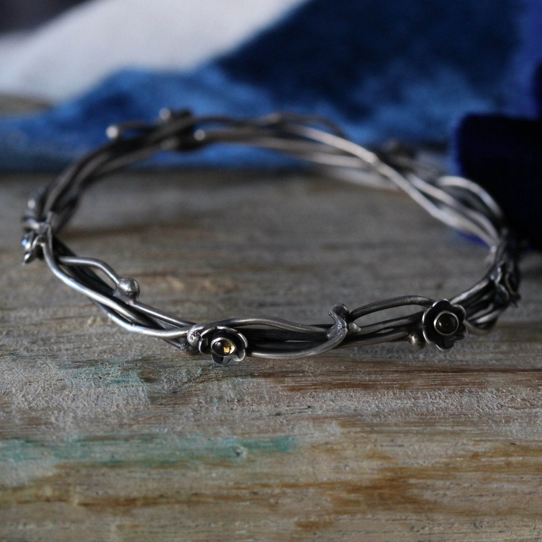 Kindred Bangle Woven Sterling Silver and Flowers with Birthstones