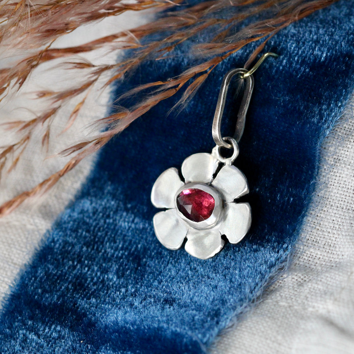 Deep Pink Tourmaline Sterling silver Flower charm