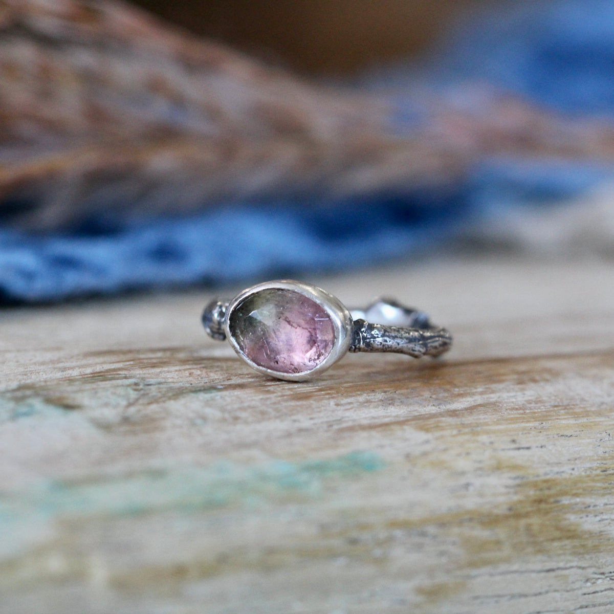 Wanderer Ring Watermelon Tourmaline and sterling silver cast branch