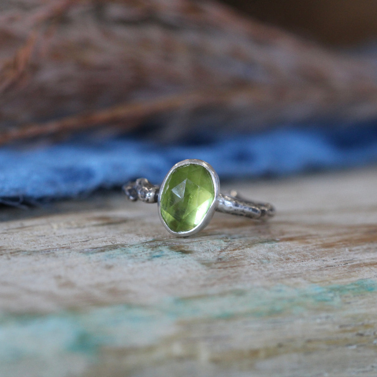 Wanderer Ring Peridot and sterling silver cast branch
