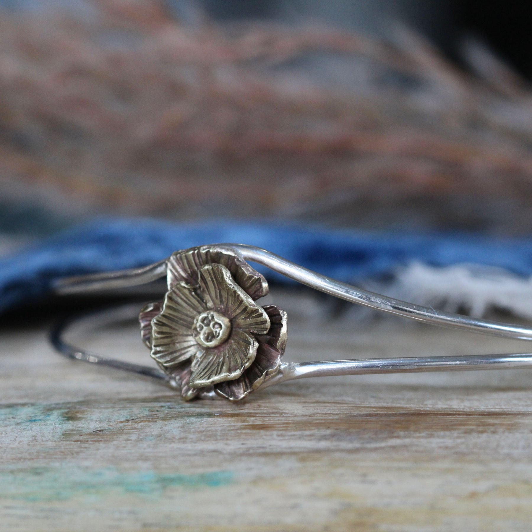 Bronze Poppy and Sterling Silver Cuff Bracelet