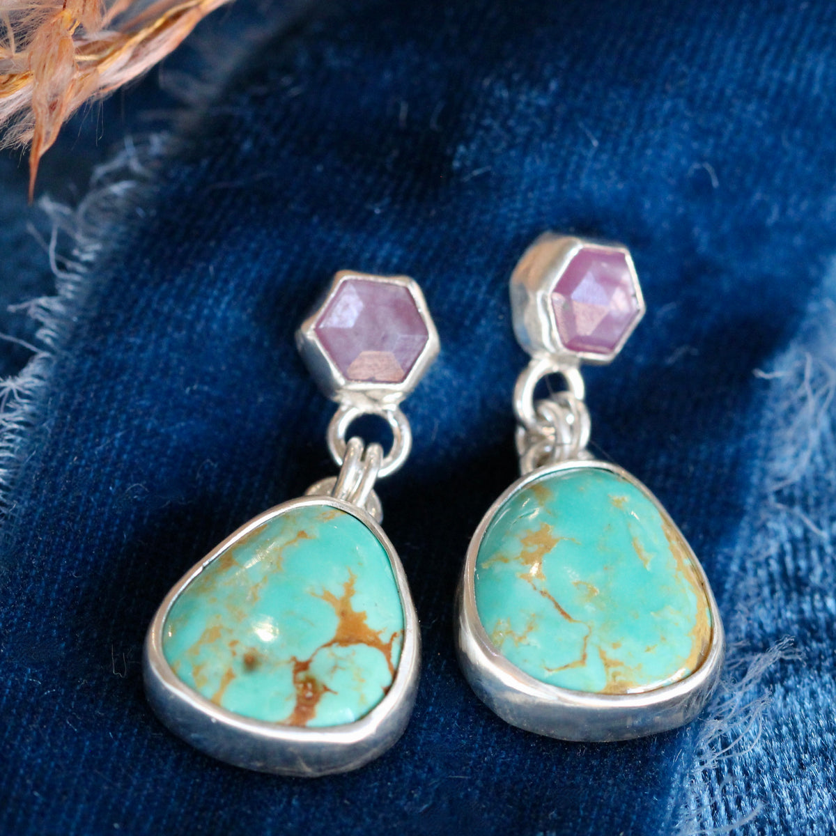 Turquoise and Ruby Statement Earrings in Sterling Silver