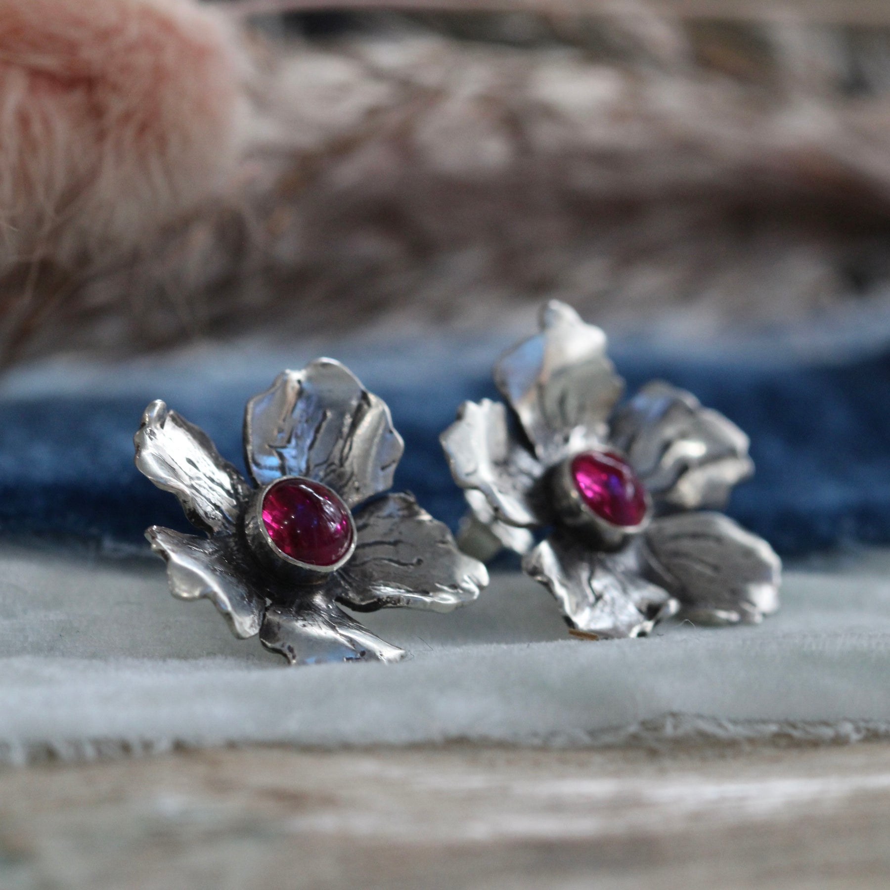 Silver Cherry Blossom and Ruby Post Earrings