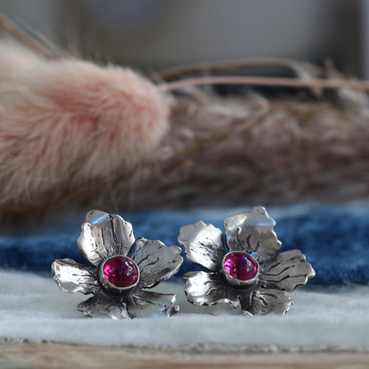 Silver Cherry Blossom and Ruby Post Earrings