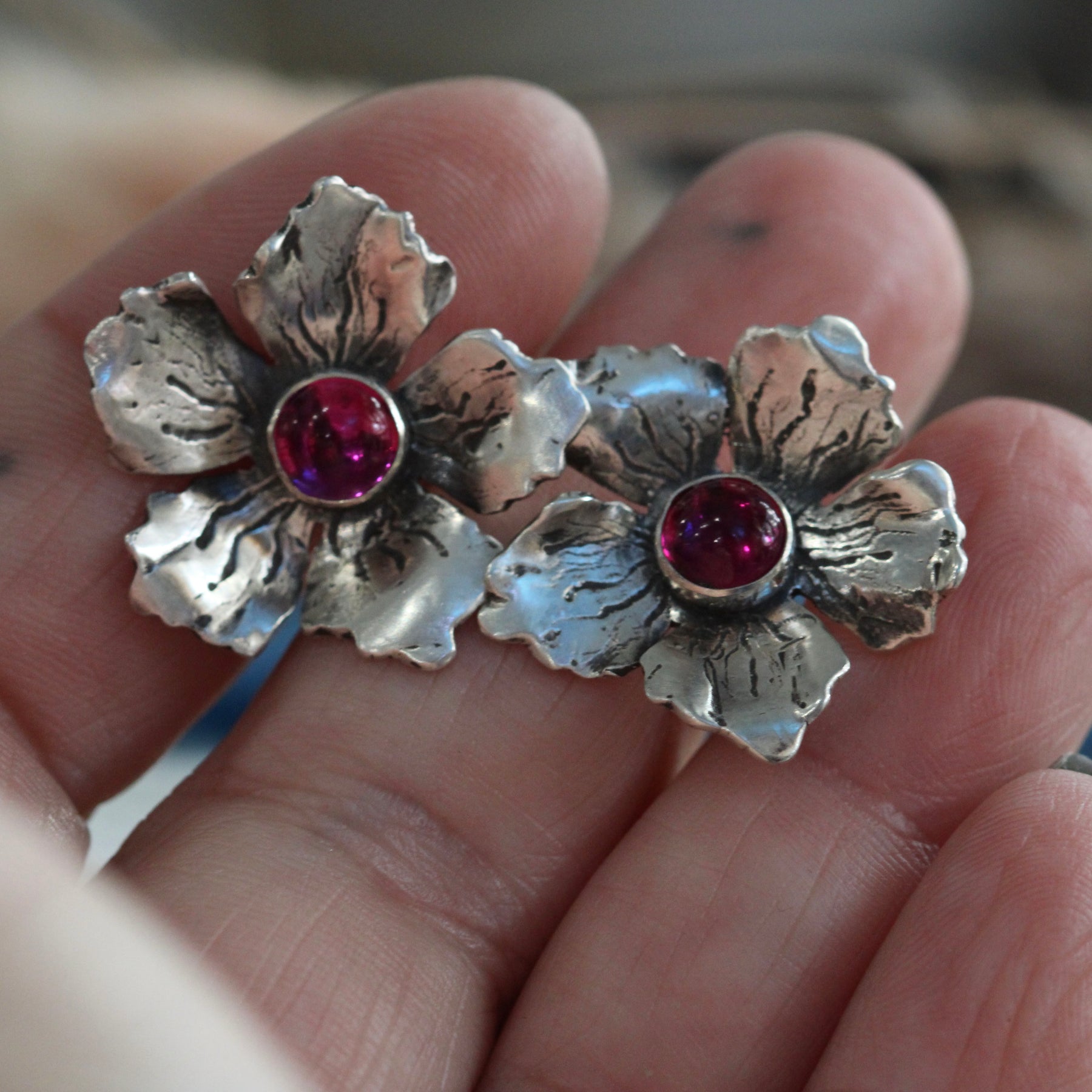 Silver Cherry Blossom and Ruby Post Earrings