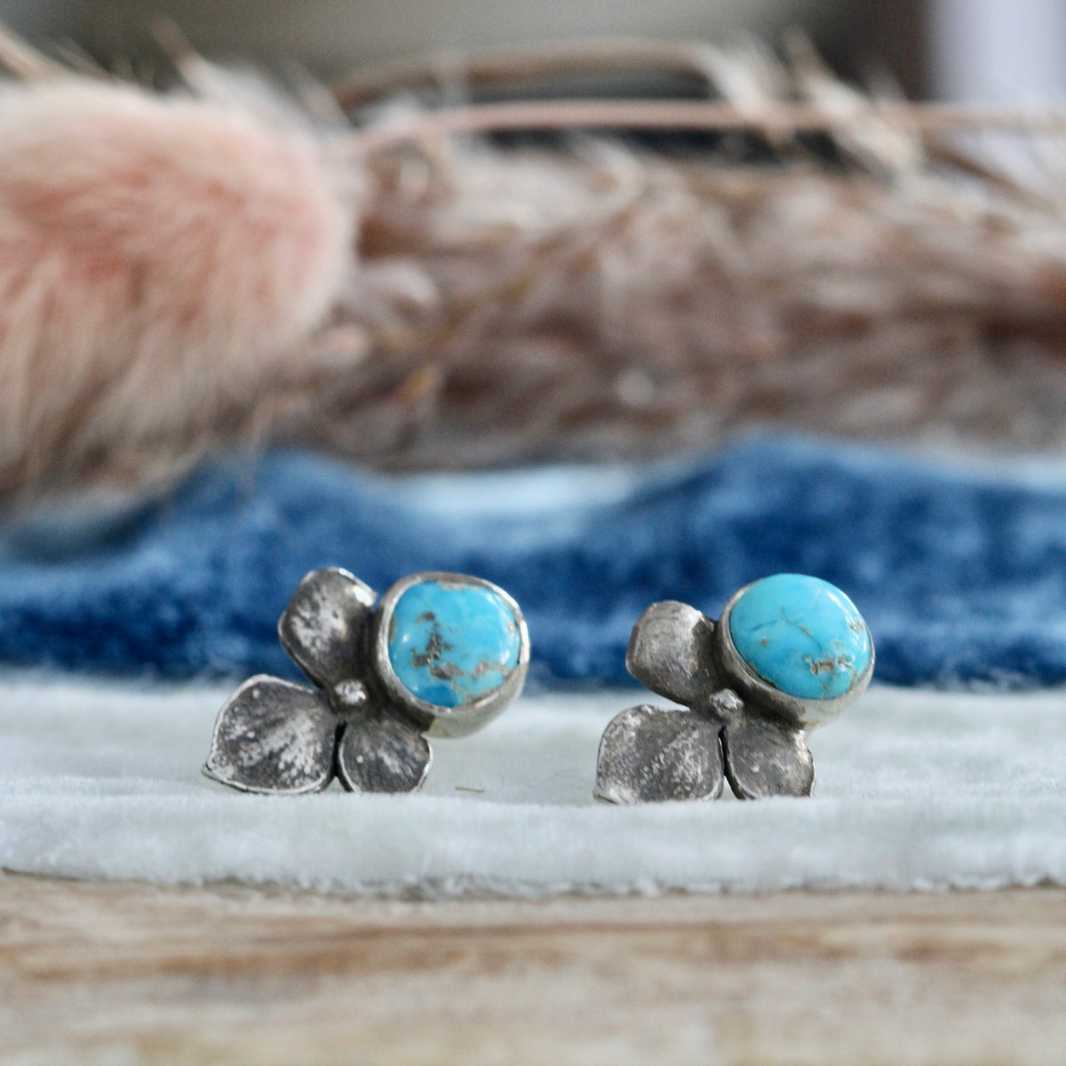 Hydrangea and Turquoise sterling silver Stud Earrings
