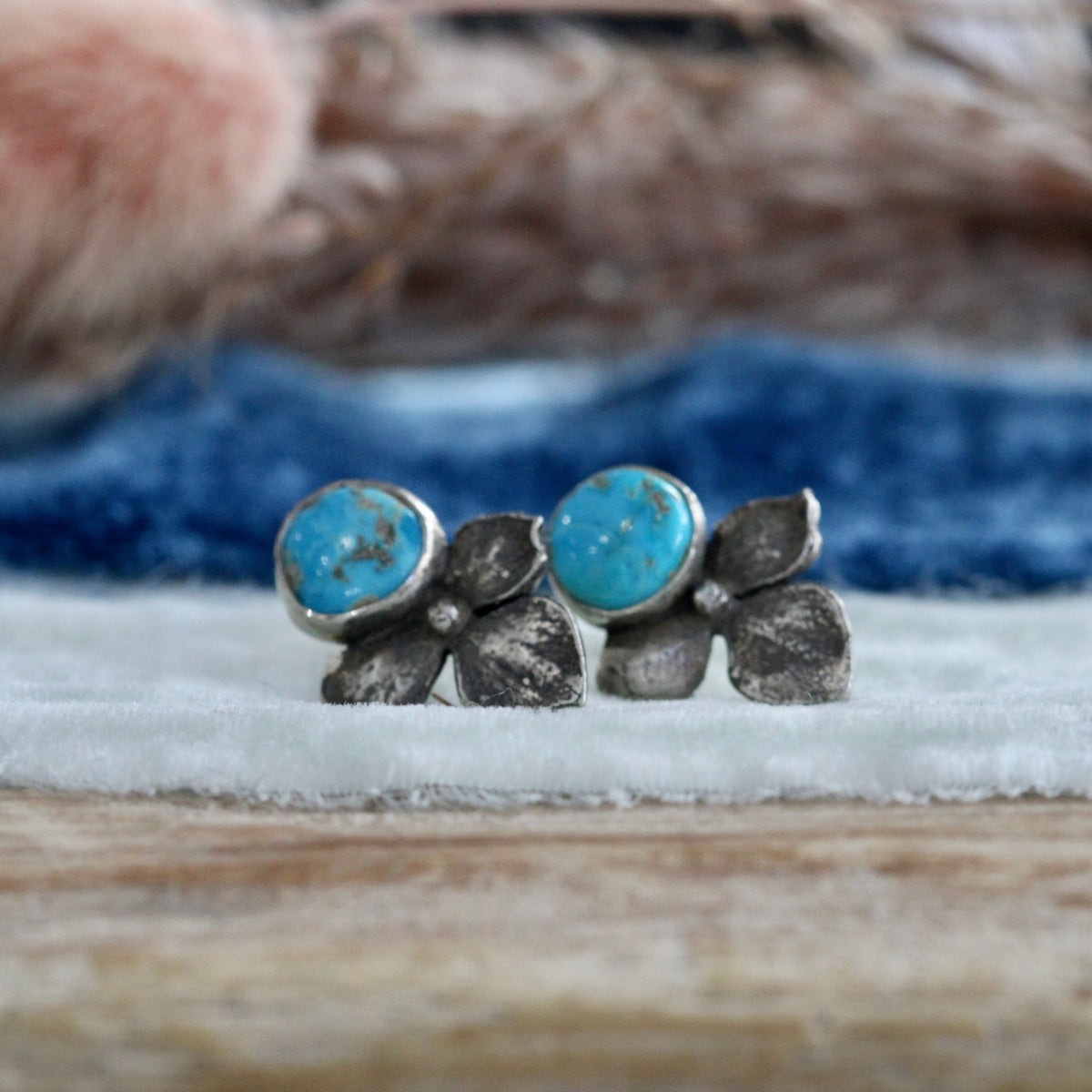 Hydrangea and Turquoise sterling silver Stud Earrings