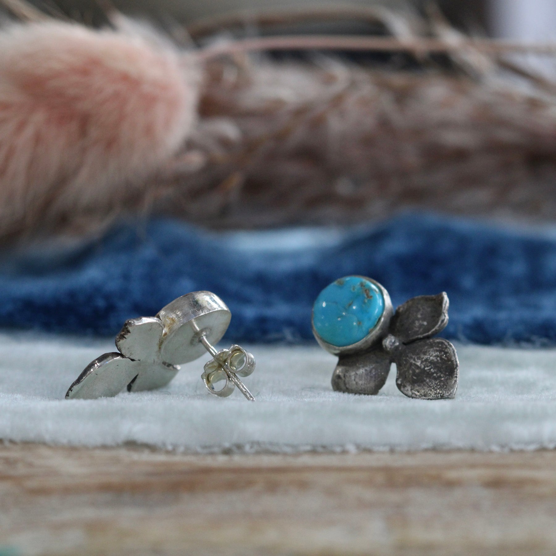 Hydrangea and Turquoise sterling silver Stud Earrings