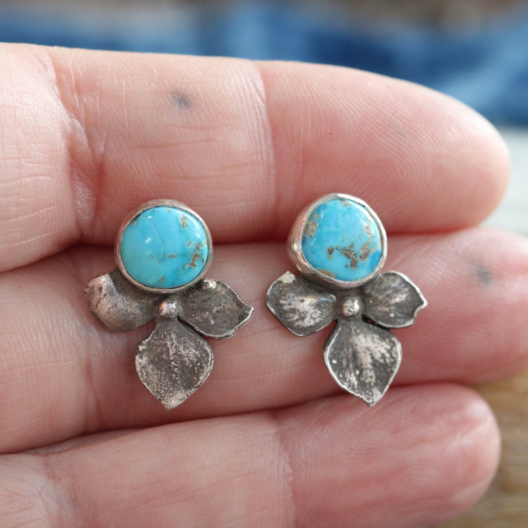 Hydrangea and Turquoise sterling silver Stud Earrings