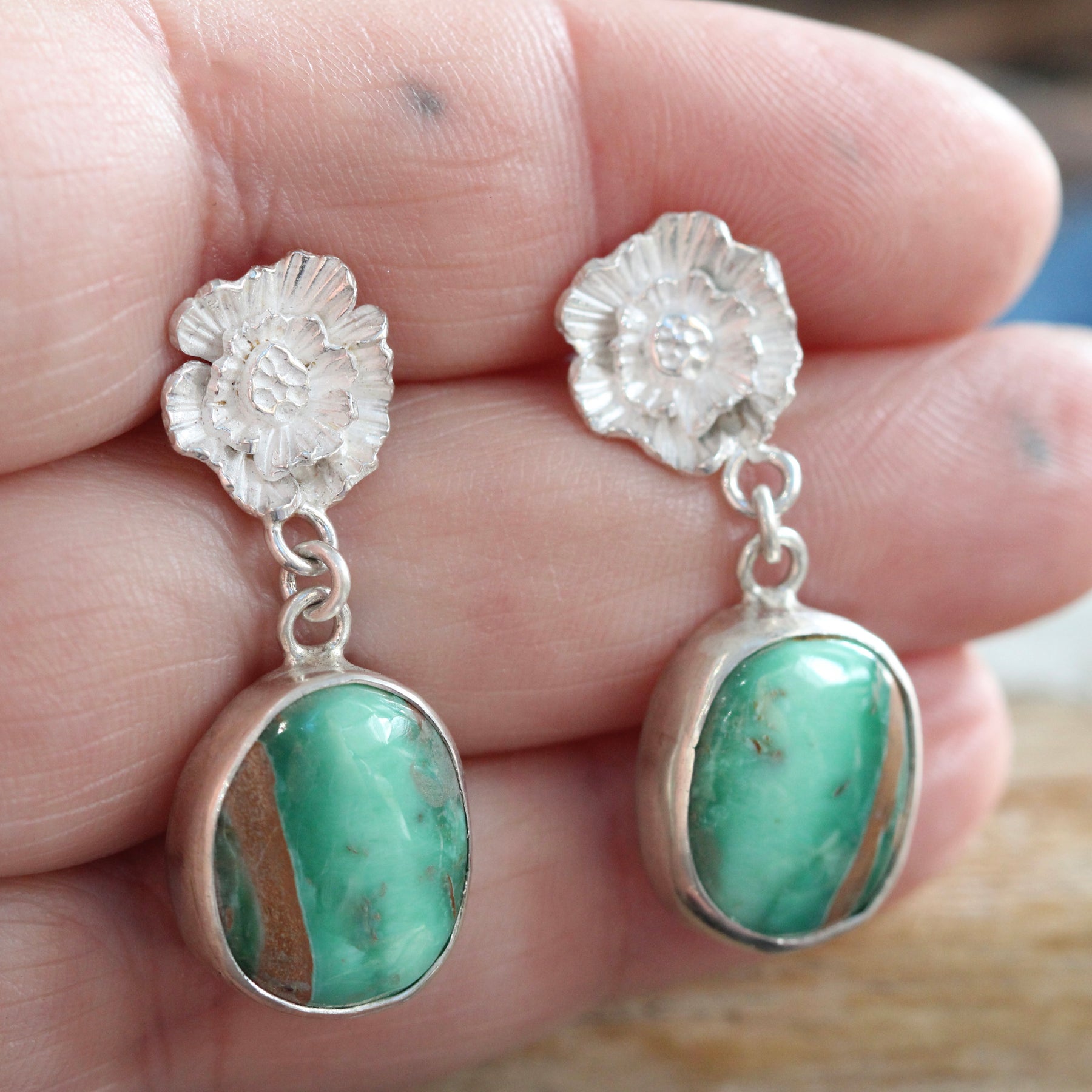 Sterling silver Poppy and Royston Ribbon Turquoise Dangle Earrings