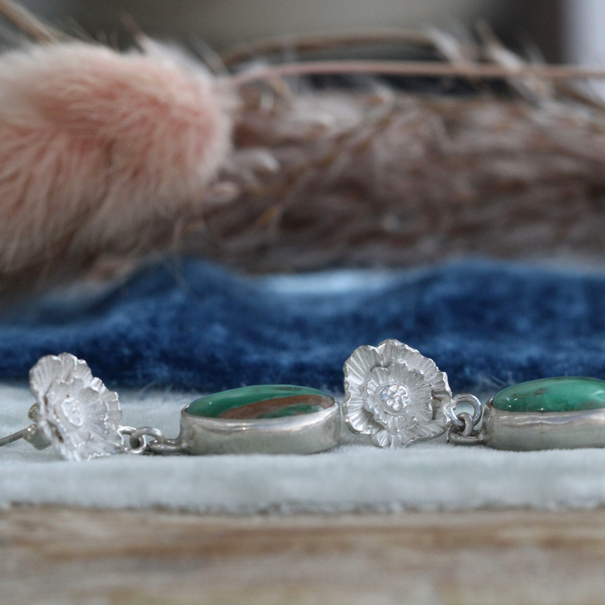 Sterling silver Poppy and Royston Ribbon Turquoise Dangle Earrings