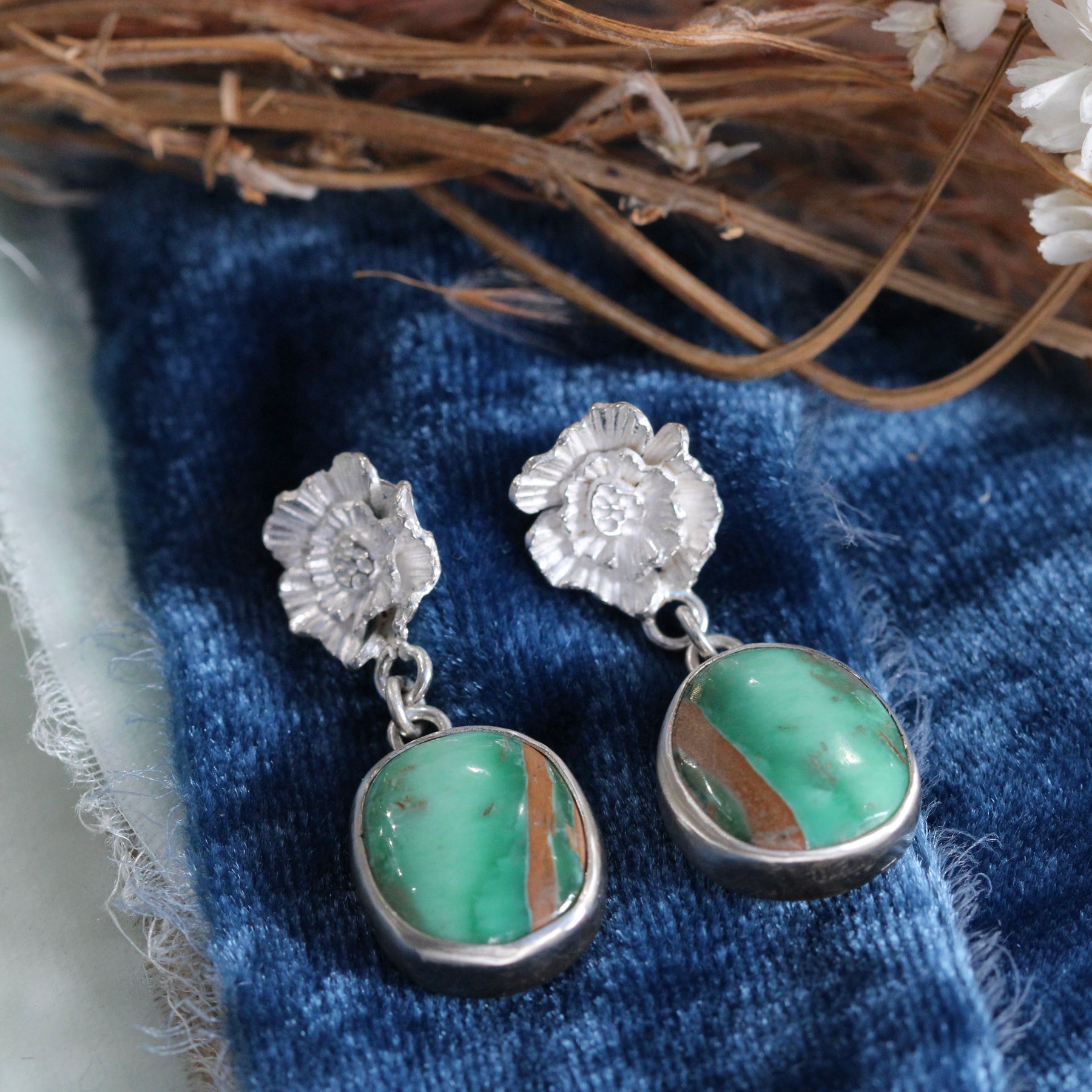 Sterling silver Poppy and Royston Ribbon Turquoise Dangle Earrings