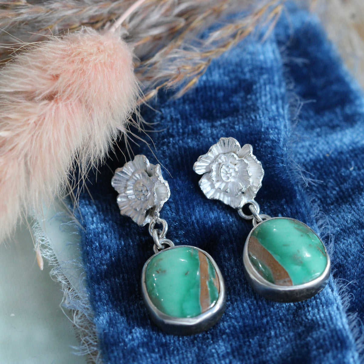 Sterling silver Poppy and Royston Ribbon Turquoise Dangle Earrings