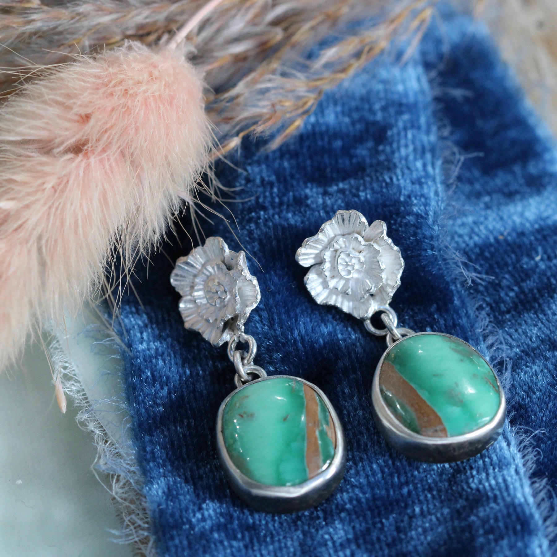 Sterling silver Poppy and Royston Ribbon Turquoise Dangle Earrings