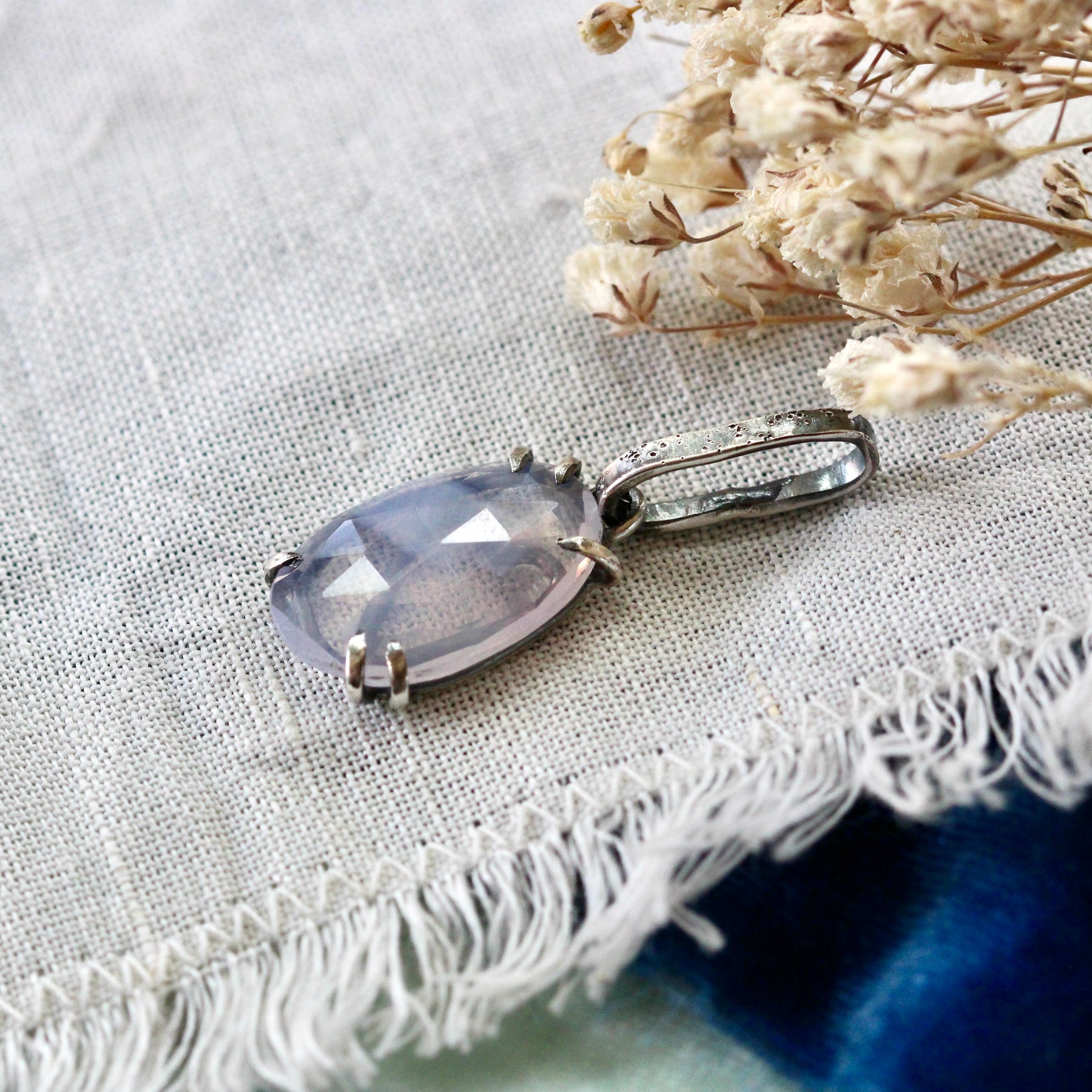 Rose cut Lavender Quartz prong set in sterling silver with heart detail