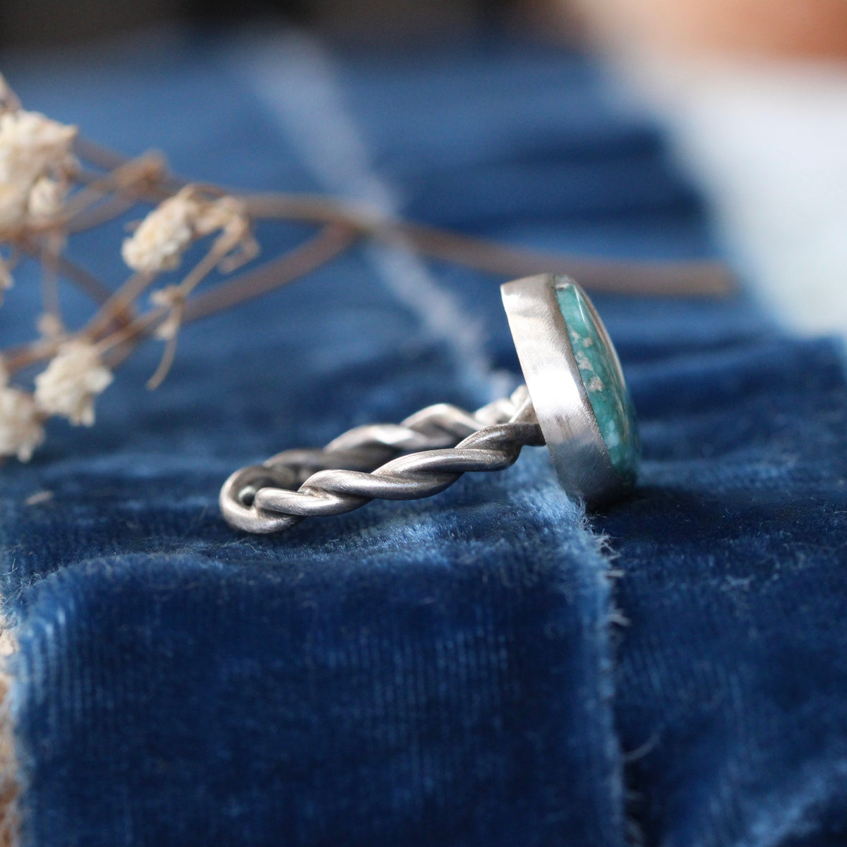 Whitewater Turquoise Ring with Handcrafted Sterling Silver Woven Band
