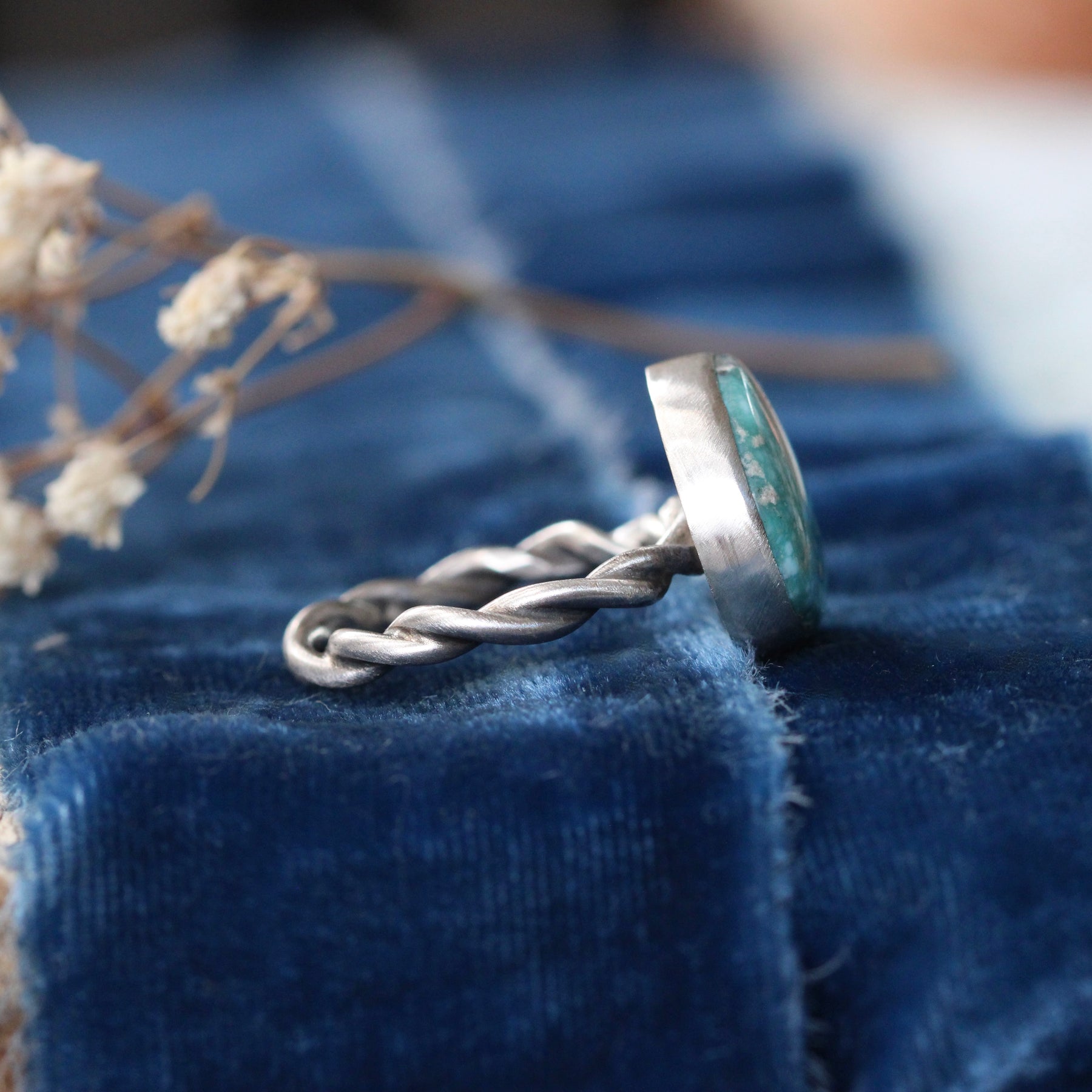 Whitewater Turquoise Ring with Handcrafted Sterling Silver Woven Band