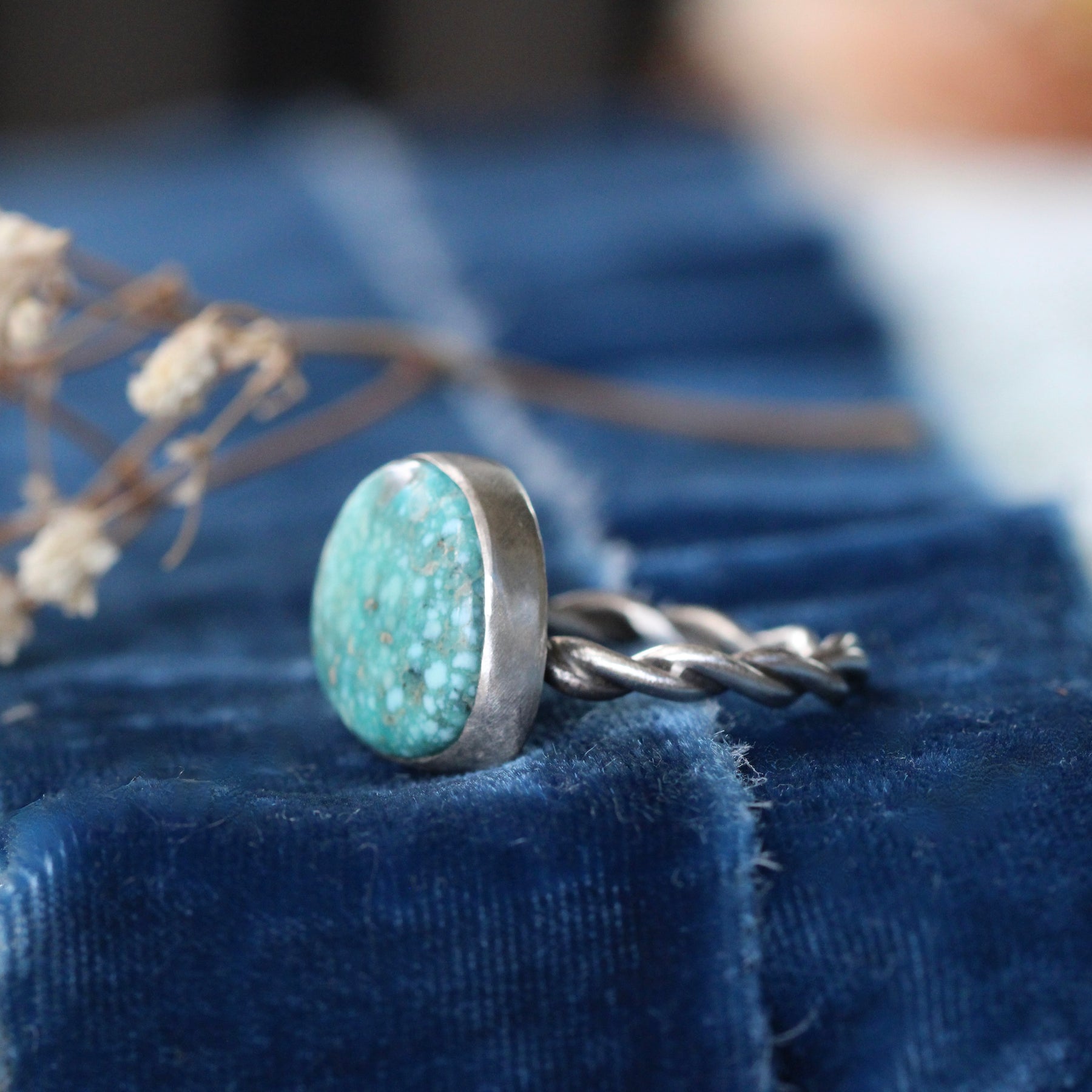 Whitewater Turquoise Ring with Handcrafted Sterling Silver Woven Band