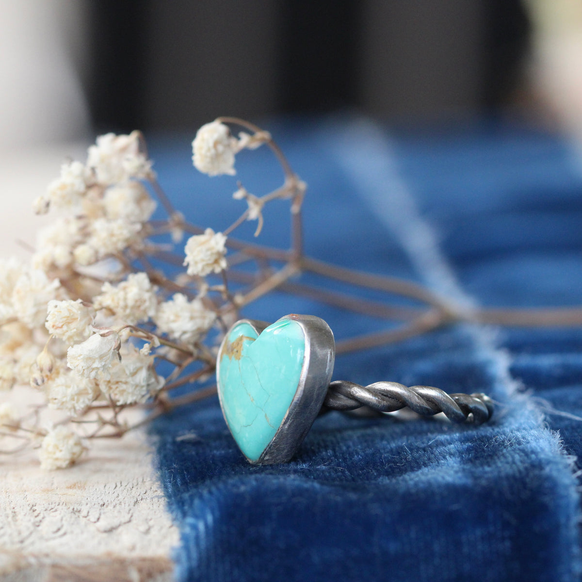 Kingman Heart Turquoise Ring with Handcrafted Sterling Silver Woven Band