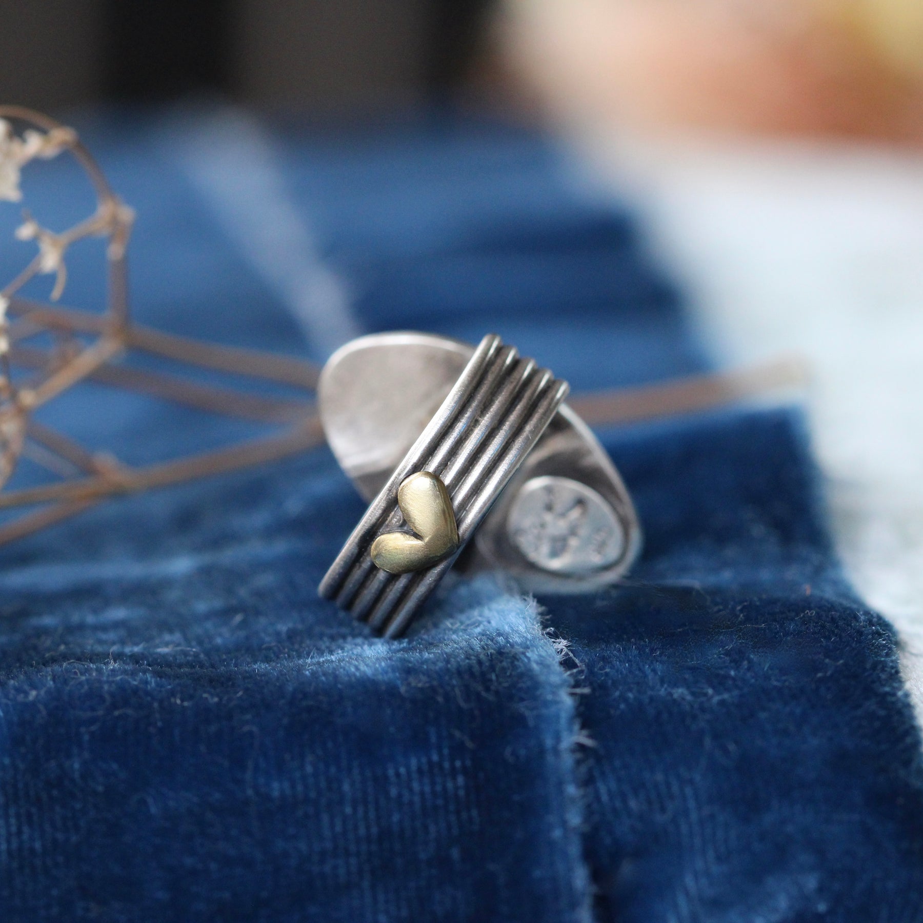 Handcrafted Whitewater Turquoise Ring with Layered Sterling Silver Band & Golden Bronze Heart