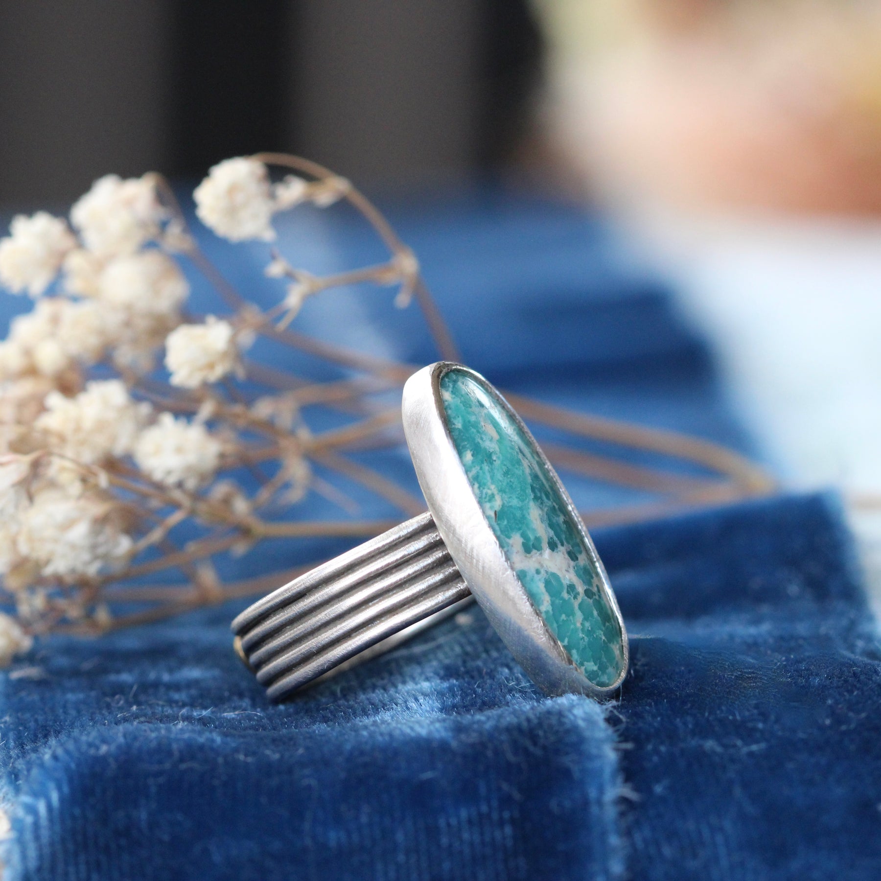 Handcrafted Whitewater Turquoise Ring with Layered Sterling Silver Band & Golden Bronze Heart