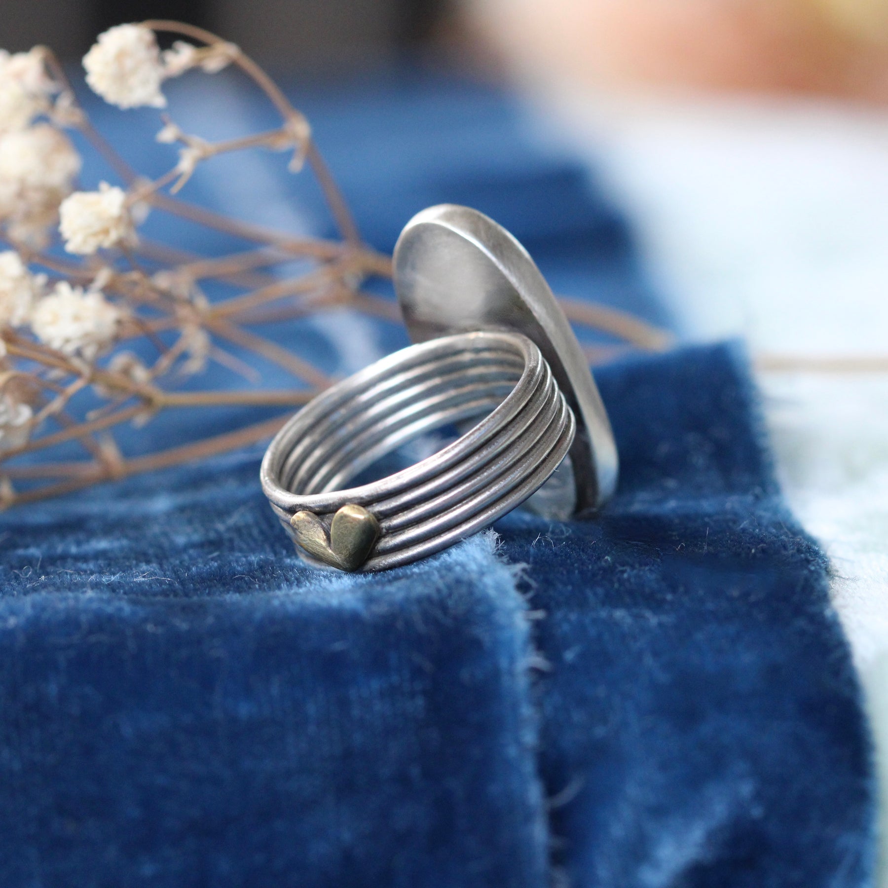 Handcrafted Whitewater Turquoise Ring with Layered Sterling Silver Band & Golden Bronze Heart