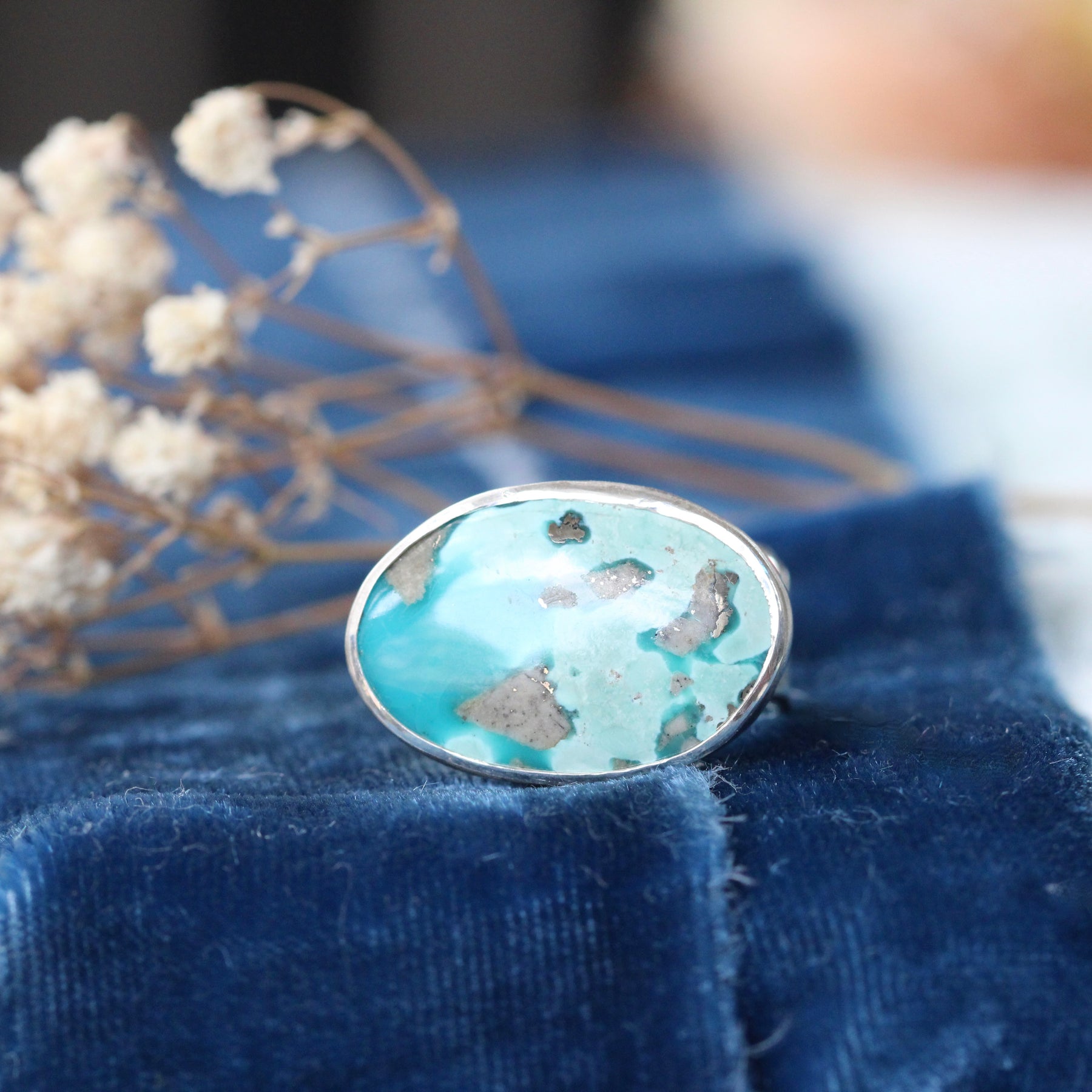 Campitos Turquoise Ring with Handcrafted Reticulated Sterling Silver with hand cast Shell